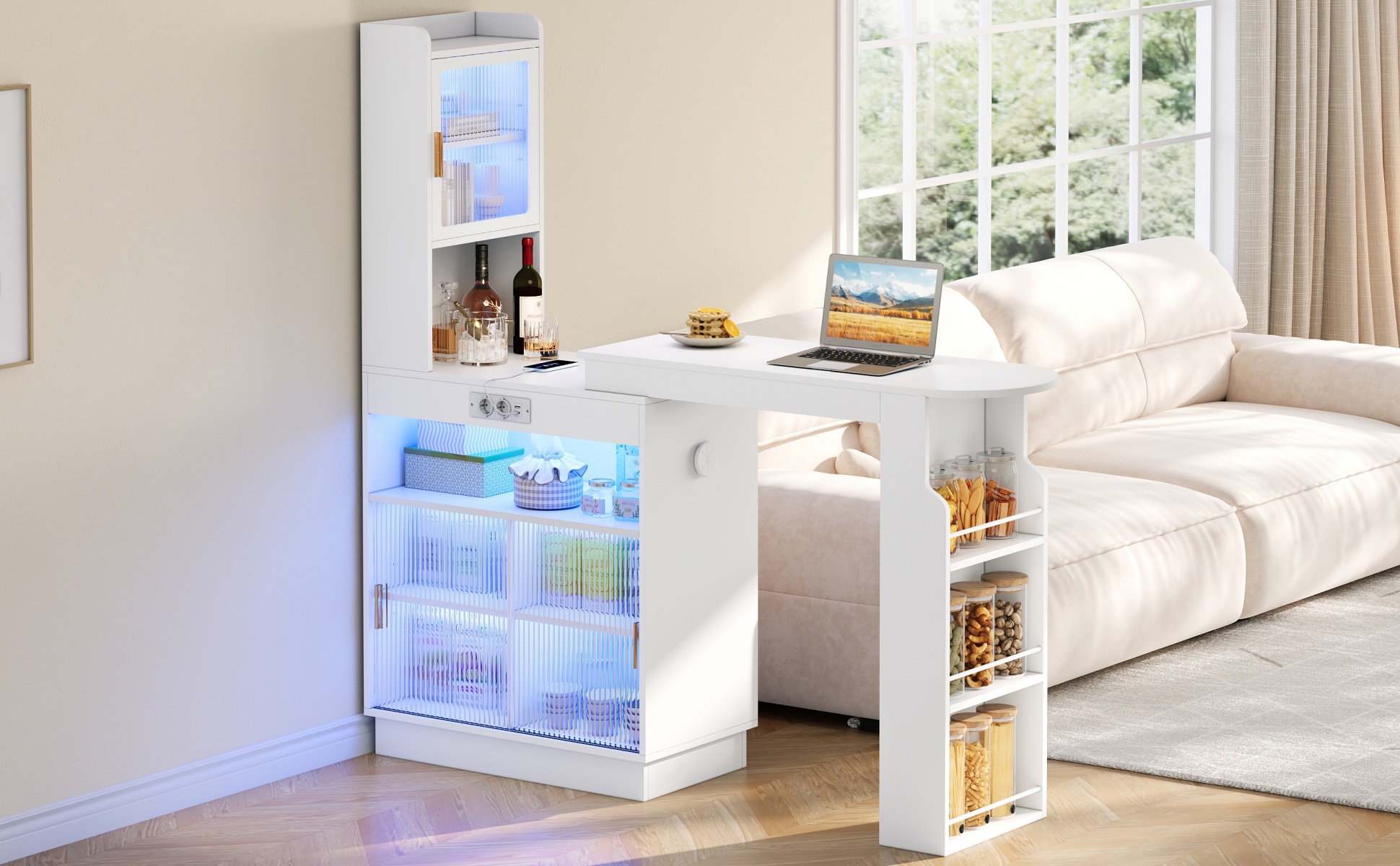 Bar extensible blanc avec rangement et LED