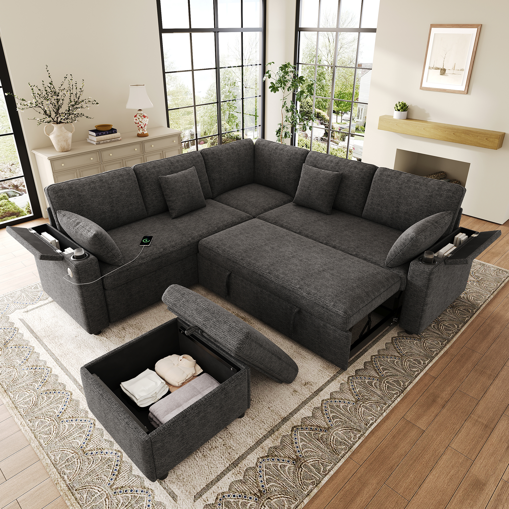 Canapé d’angle convertible 6 places en chenille avec pouf coffre, USB/Type-C, porte-gobelets, Gris, 204 x 204 x 83 cm - vue principale 1