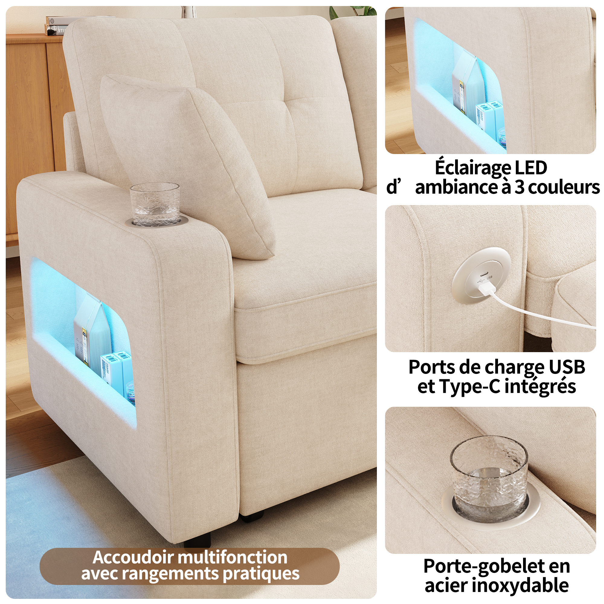 Canapé 2 places 141,5 x 131 x 83,5 cm, convertible, modulable, avec USB/Type-C, en chenille, Beige - vue complémentaire