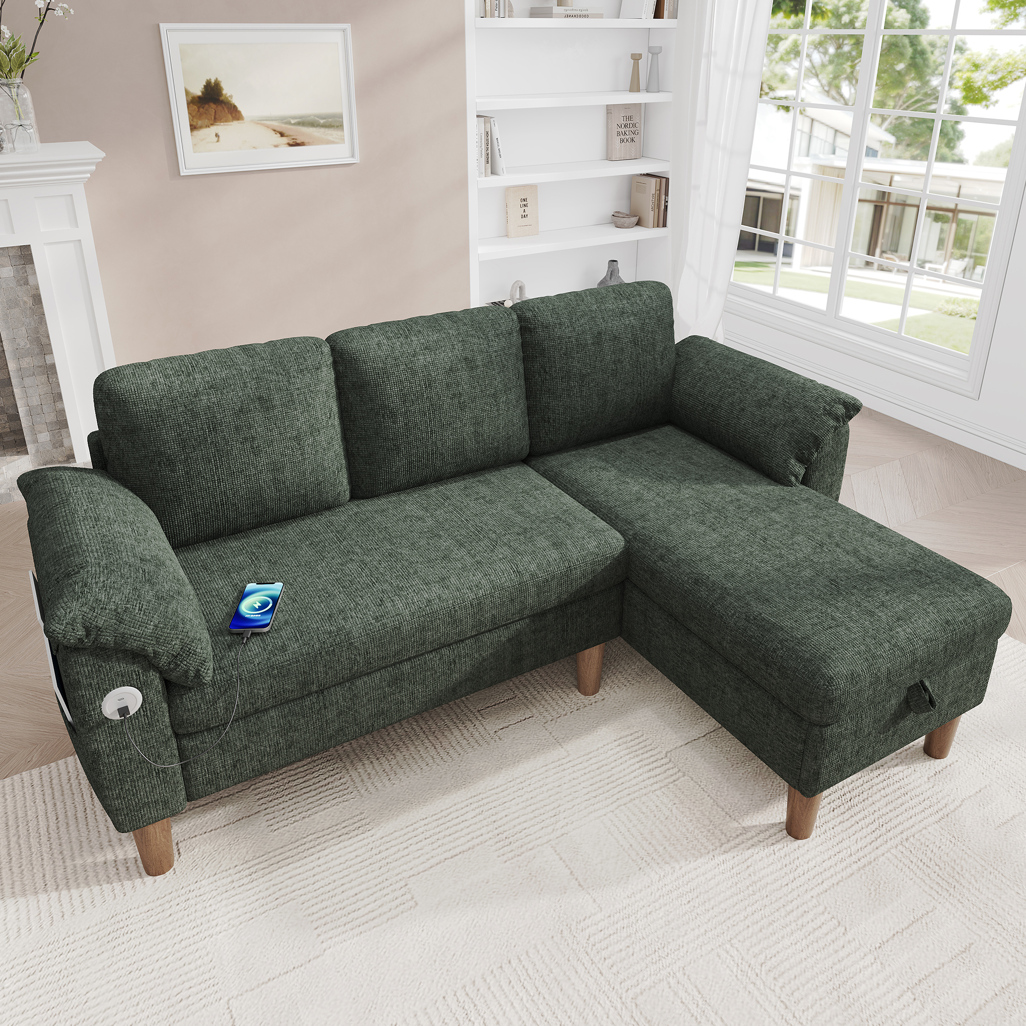 Canapé d’angle en L 3 places 181 x 125 x 88 cm, avec coffre de rangement, modulable, avec USB/Type-C, en chenille, Vert - vue principale