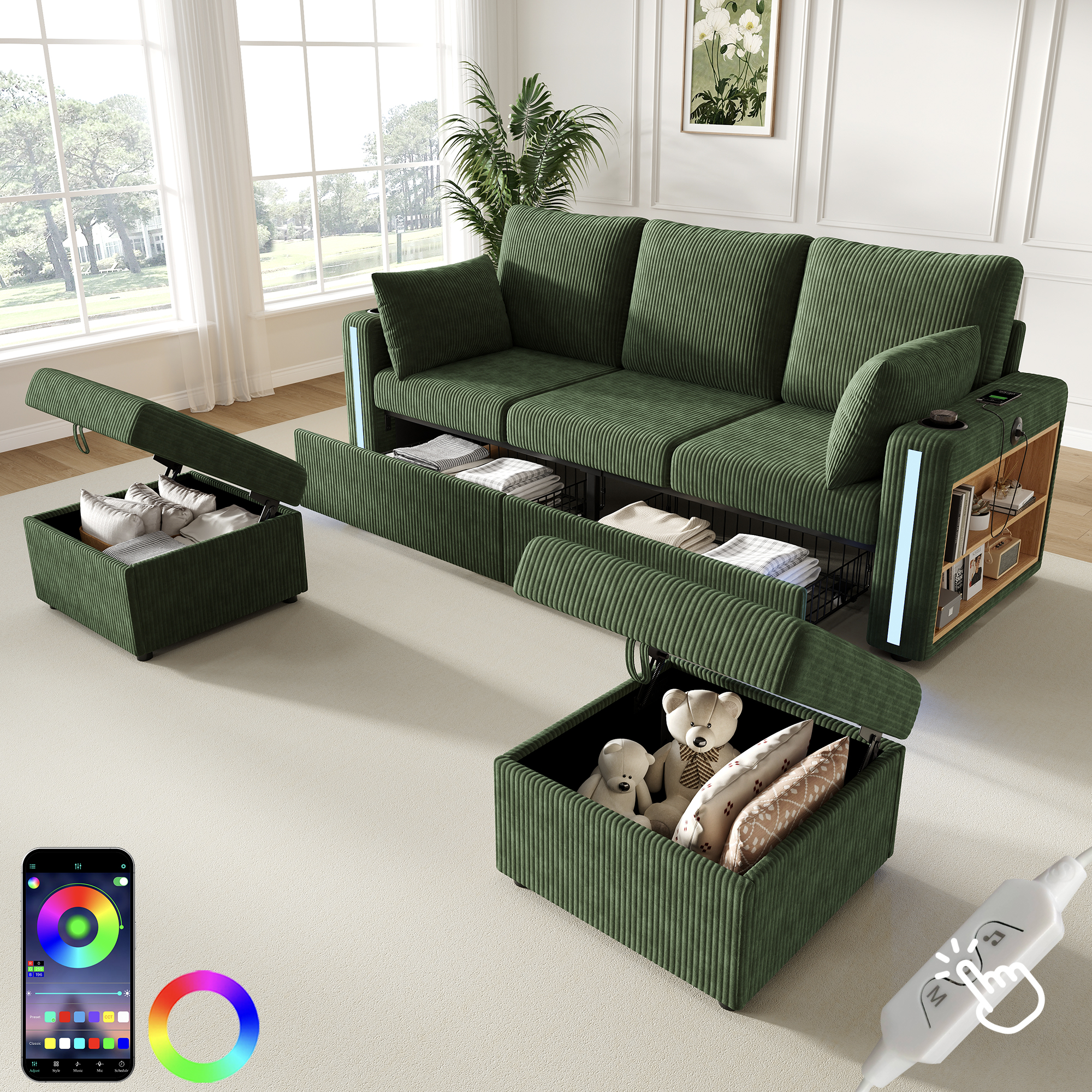 Canapé d’angle modulable 5 places 190 x 130 x 85 cm canapé en L avec méridienne, avec pouf, avec rangement, velours côtelé, Vert - présentation 1