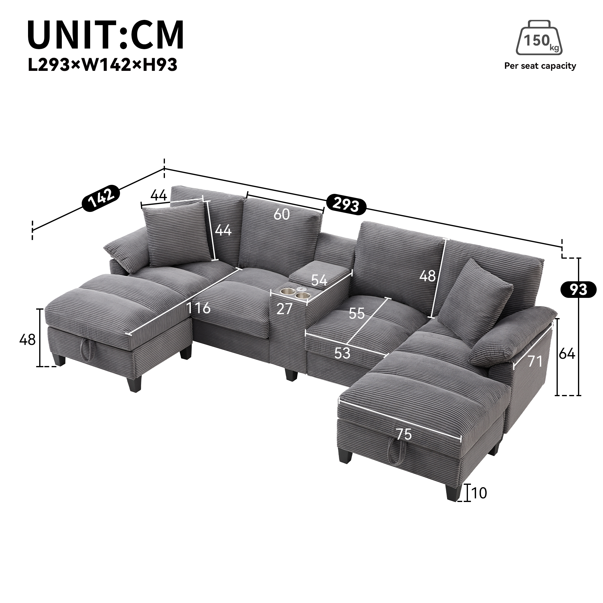 Dimensions canapé U 4 places gris