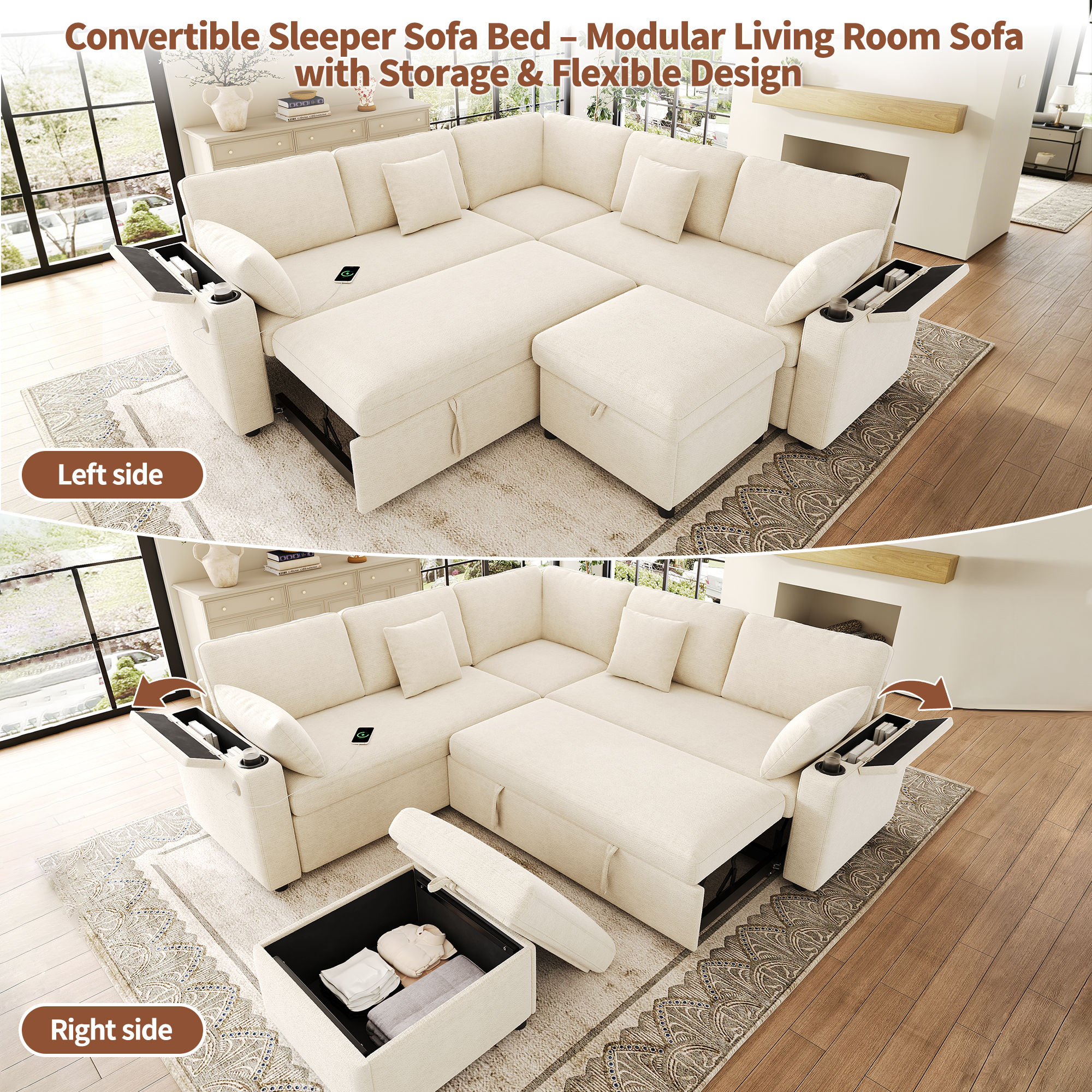 Canapé d’angle convertible 6 places en chenille avec pouf coffre, USB/Type-C, porte-gobelets, Beige, 204 x 204 x 83 cm - spécifications 1