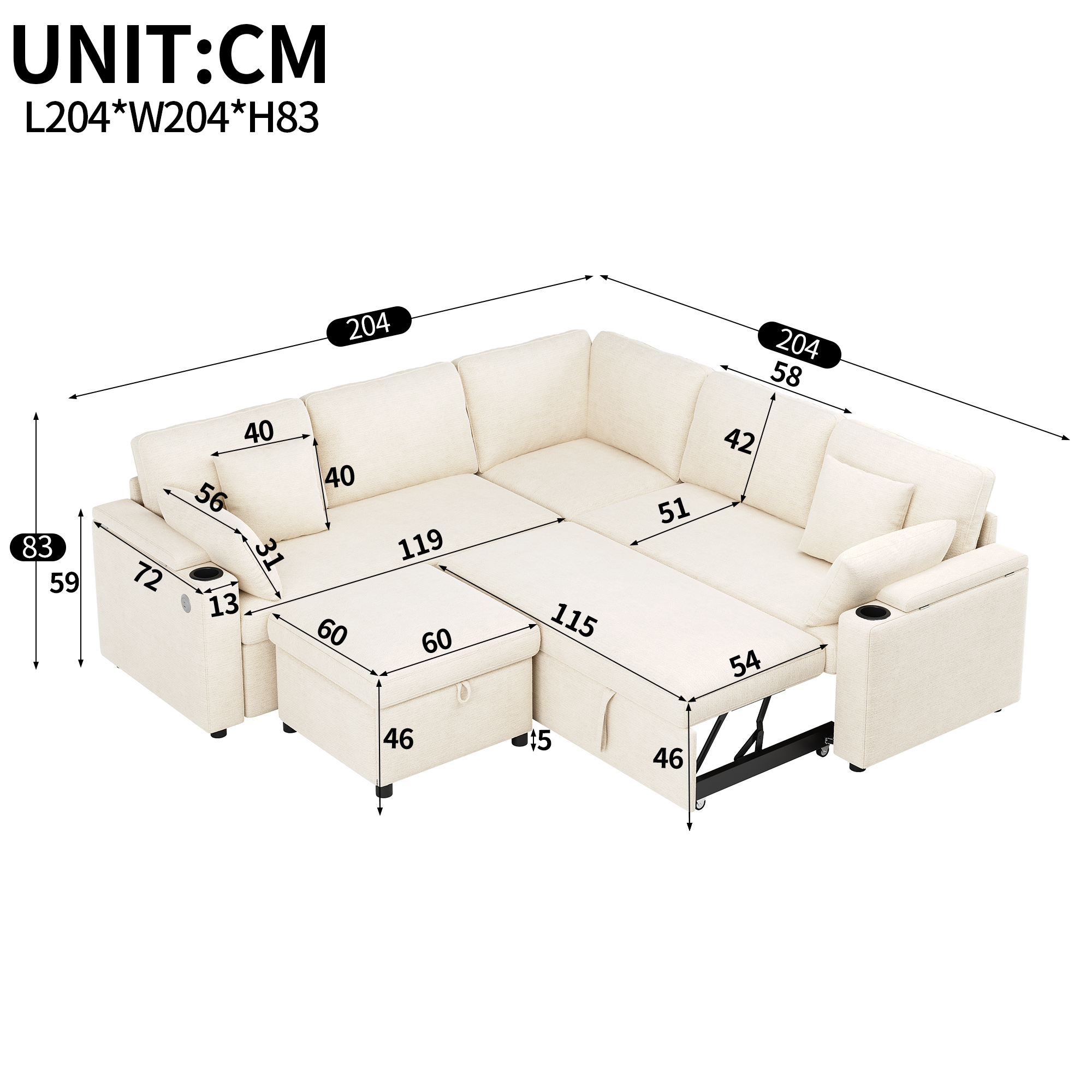 Canapé d’angle convertible 6 places en chenille avec pouf coffre, USB/Type-C, porte-gobelets, Beige, 204 x 204 x 83 cm - vue complémentaire 1