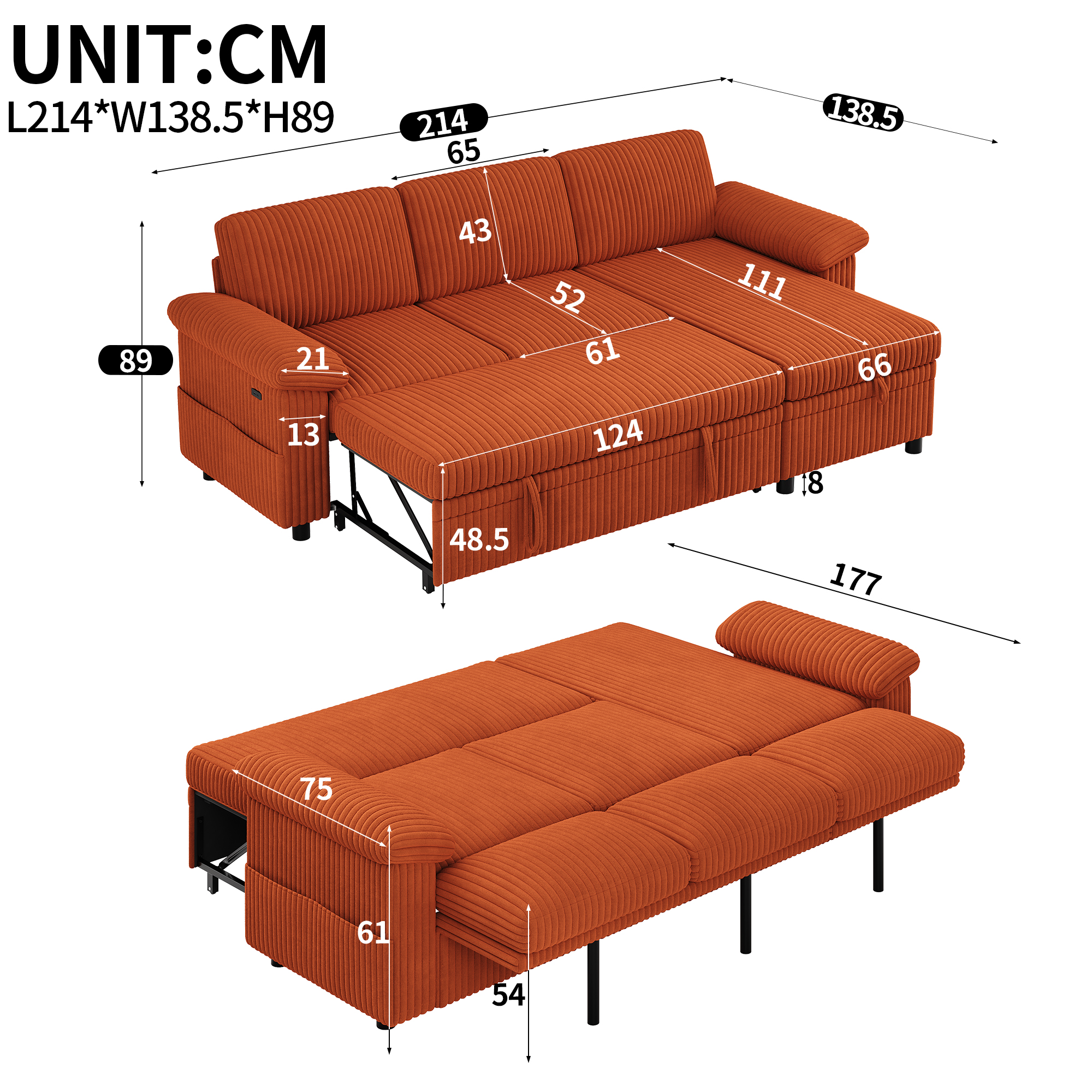 Dimensions et détails du canapé d’angle convertible orange