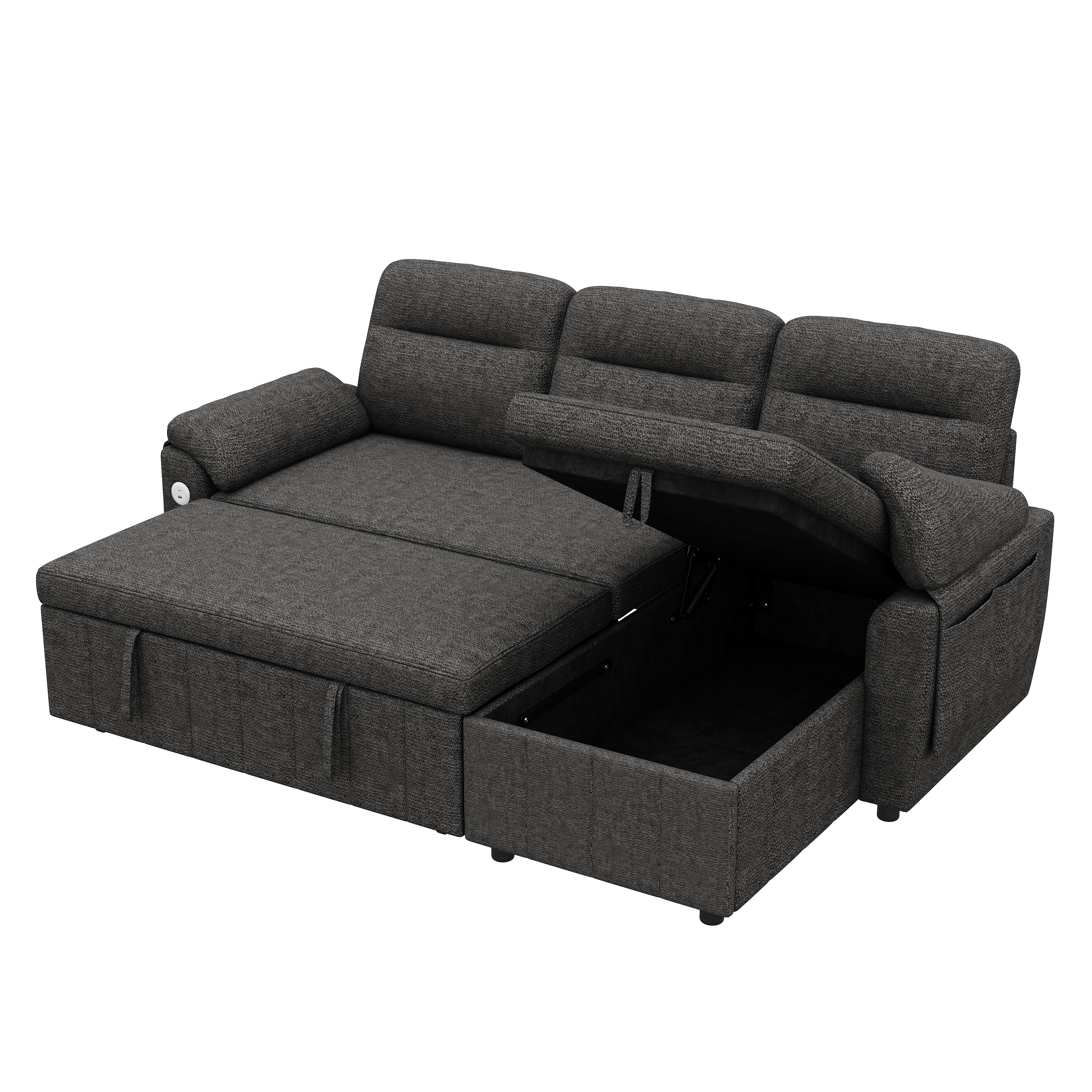 Canapé d’angle convertible en L 3 places en chenille avec méridienne réversible, rangement, USB/Type-C, Gris, 208 x 131 x 88 cm - présentation 1