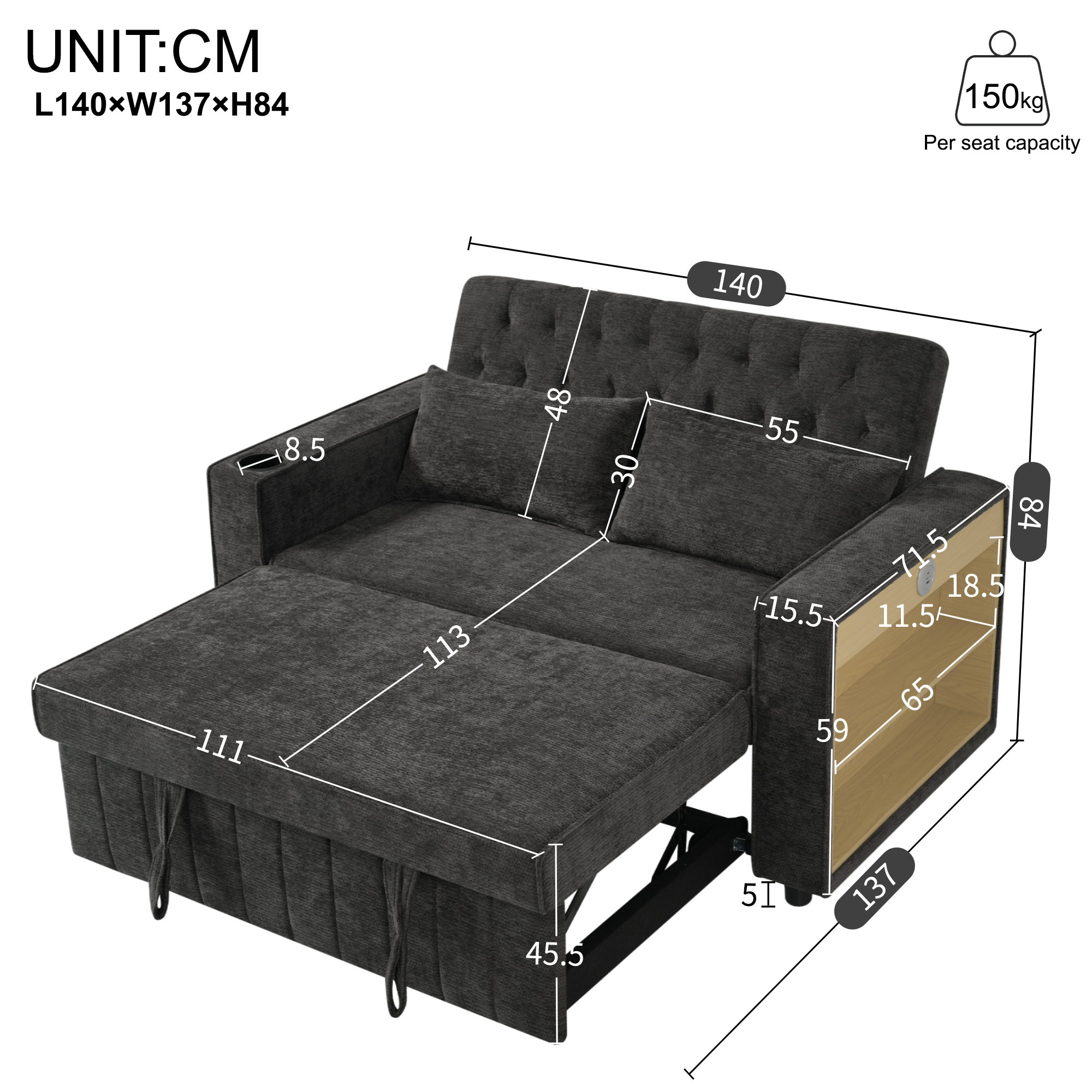 Canapé convertible / canapé-lit 2 places 140 x 137 x 84 cm avec rangement, chenille, Gris - points forts 1