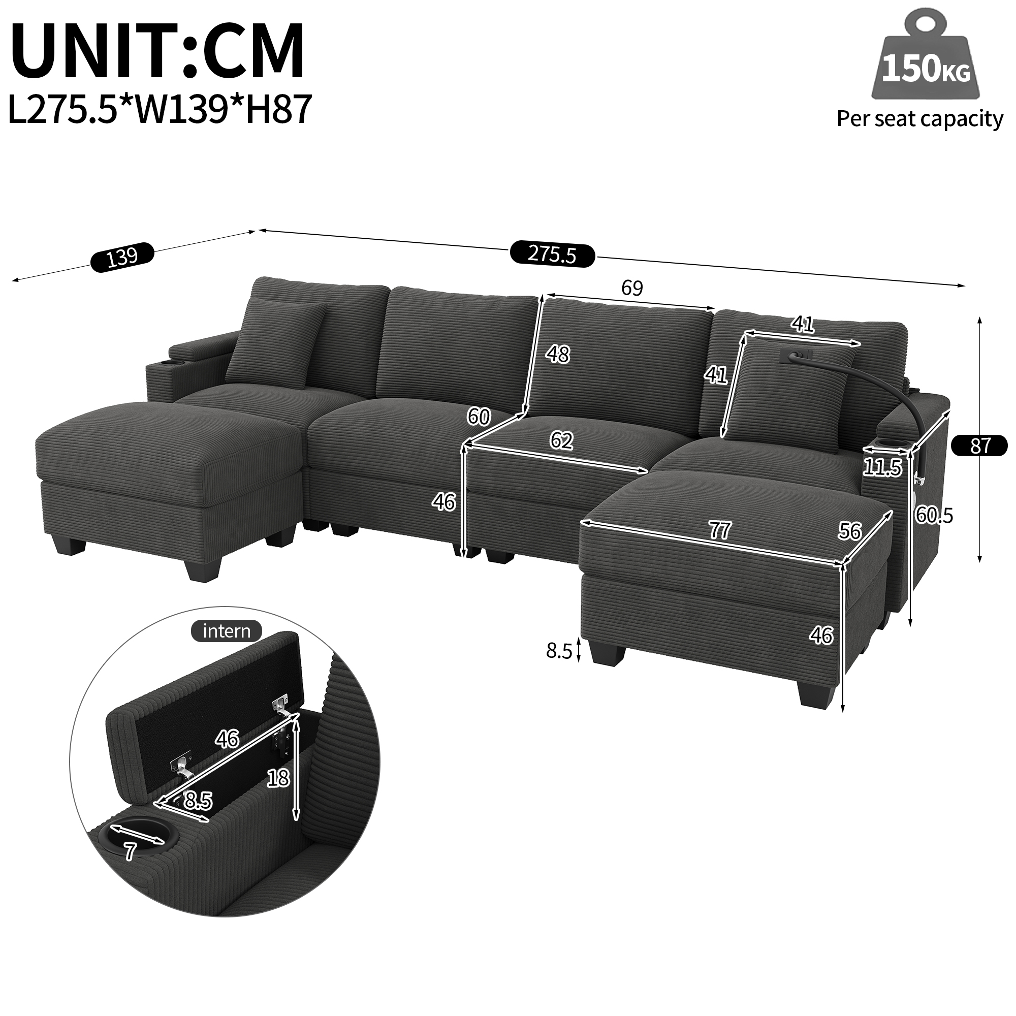 Dimensions canapé U 6 places gris