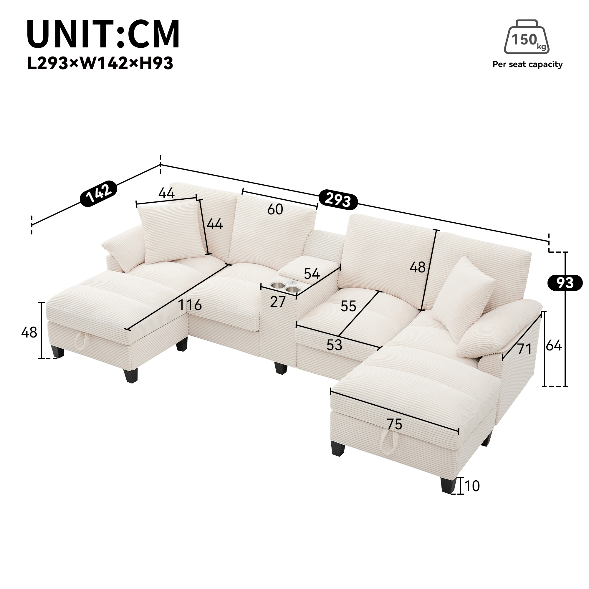 Dimensions canapé U 4 places beige
