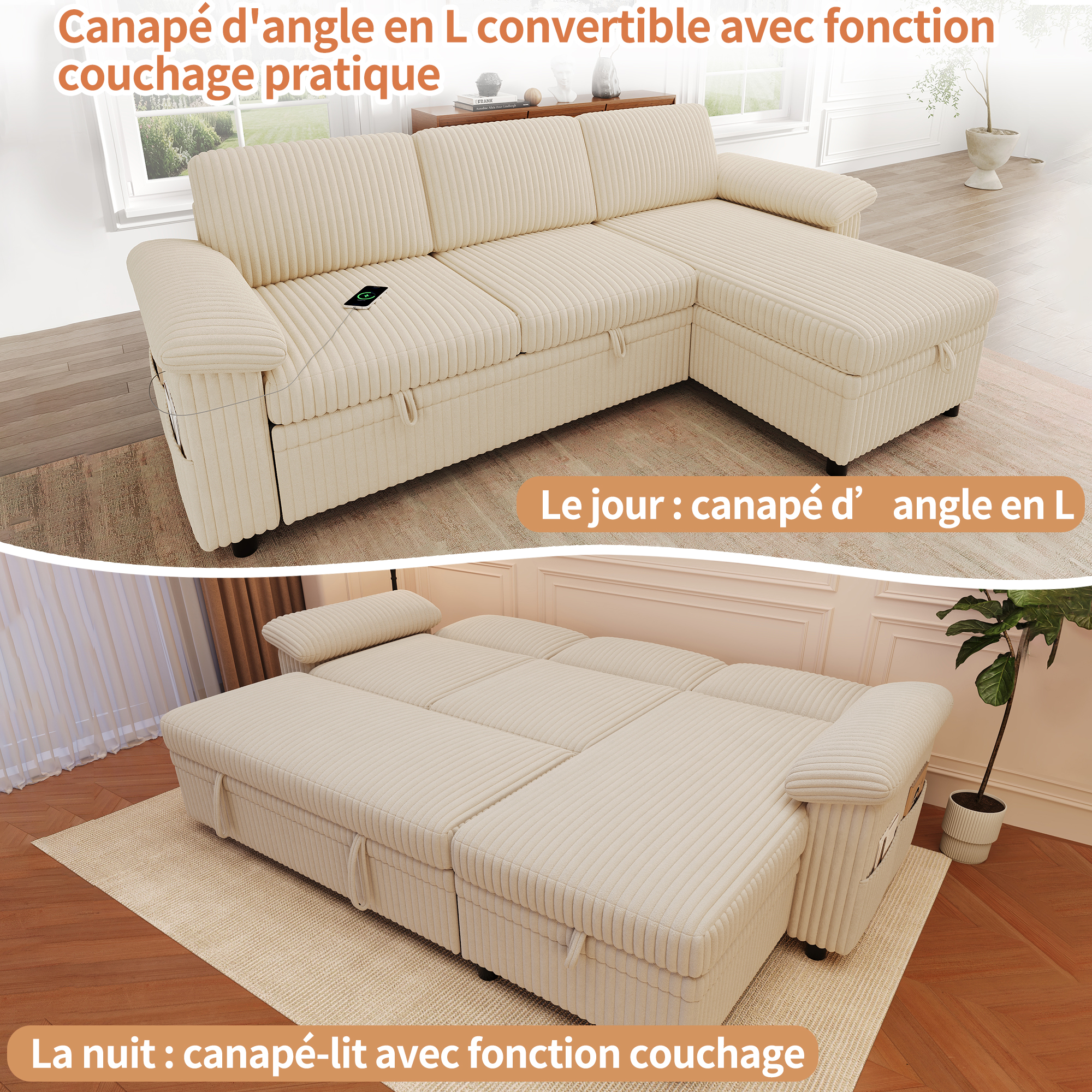 Canapé d’angle en L 3 places 212 x 150 x 89 cm, convertible, avec coffre de rangement, modulable, avec USB/Type-C, en velours côtelé, Beige - dimensions et spécifications