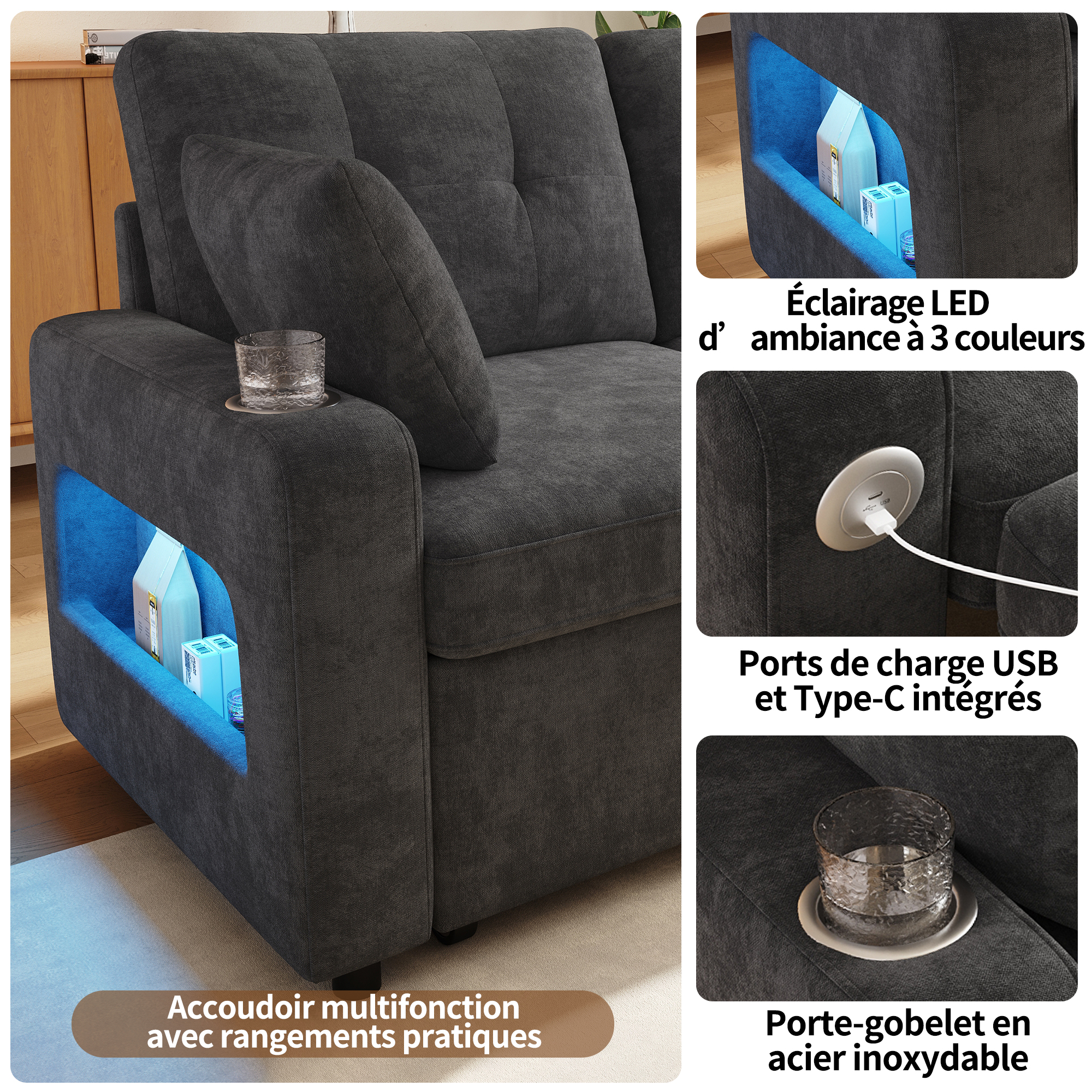 Canapé 2 places 141,5 x 131 x 83,5 cm, convertible, modulable, avec USB/Type-C, en chenille, Gris - vue complémentaire
