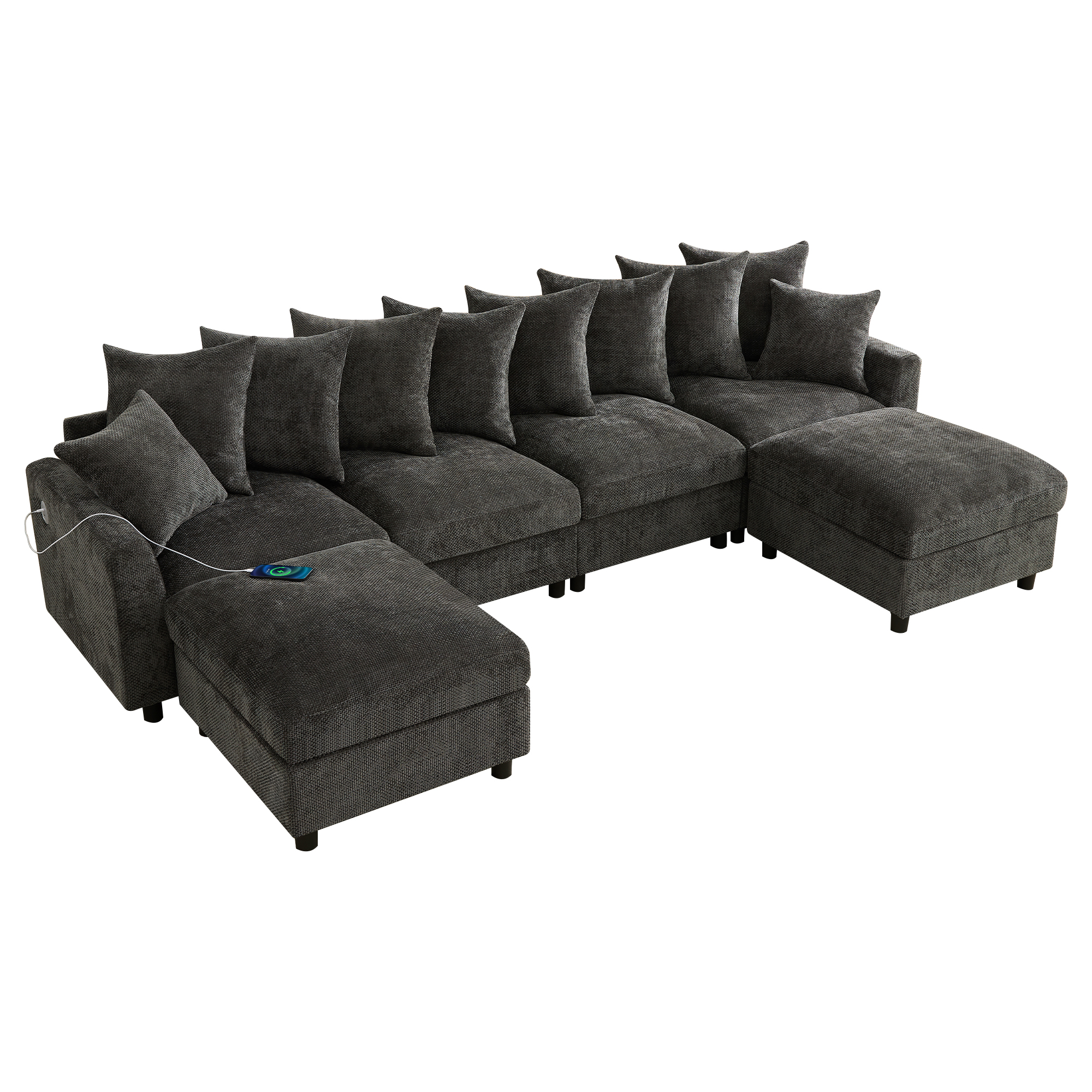 Canapé en U 6 places 283 x 153,5 x 78,5 cm, modulable, avec USB/Type-C, en chenille, Gris - détails