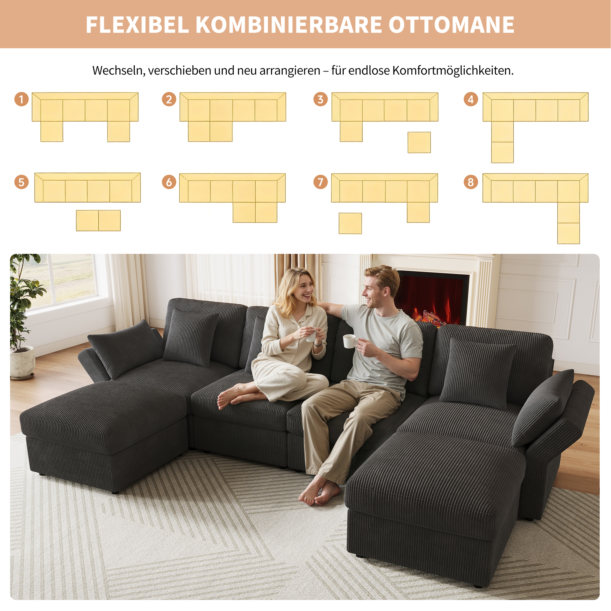 Canapé U 6 places gris velours côtelé accoudoirs réglables