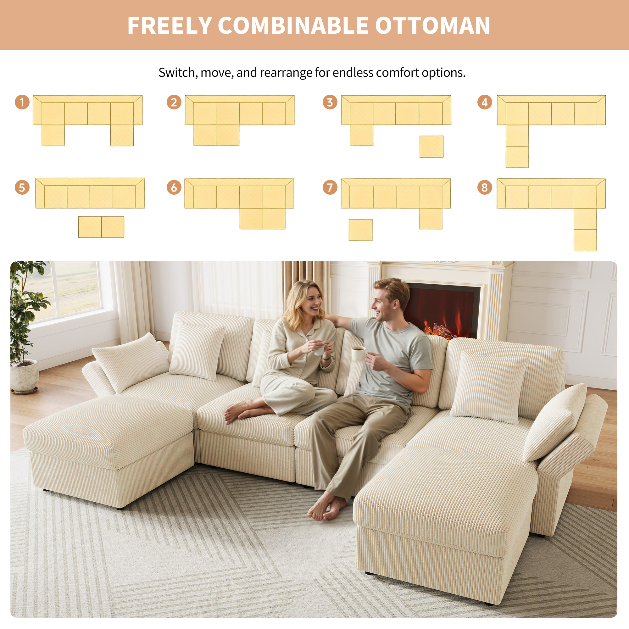 Canapé U 6 places beige velours côtelé accoudoirs réglables