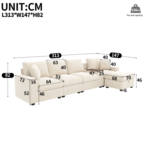Dimensions du canapé d’angle modulable avec pouf