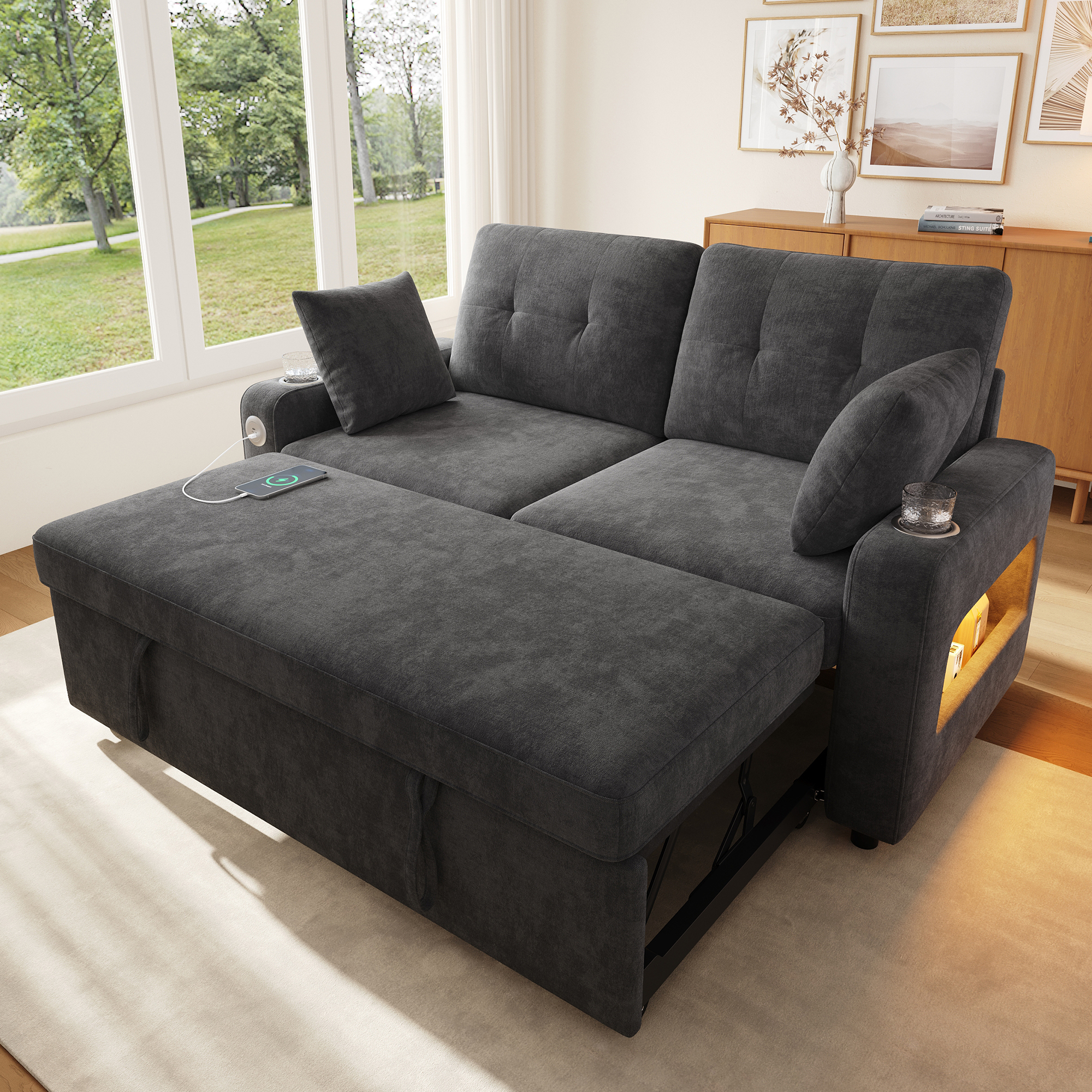 Canapé 2 places 141,5 x 131 x 83,5 cm, convertible, modulable, avec USB/Type-C, en chenille, Gris - vue principale