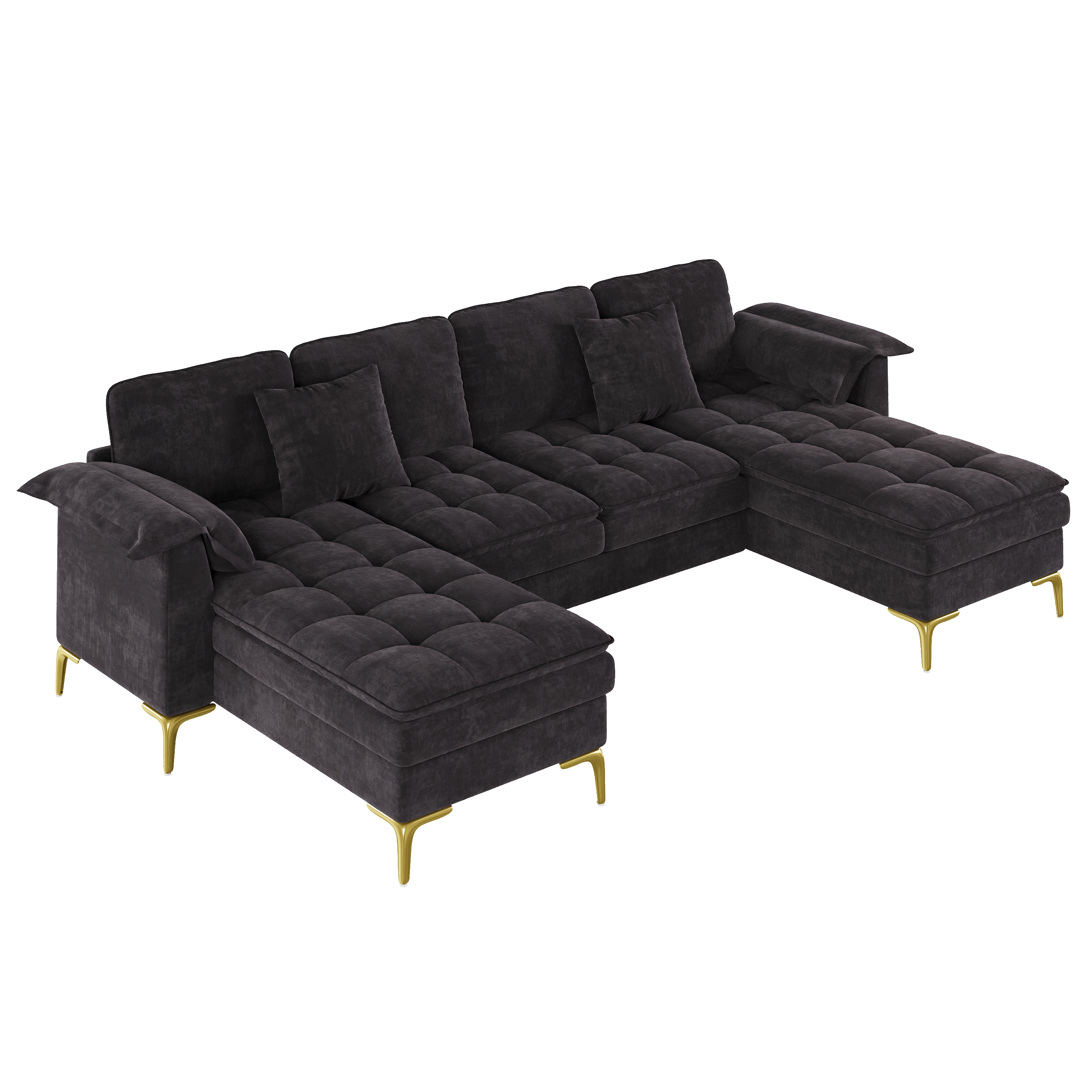 Canapé d’angle en U 4 places en chenille avec 2 méridiennes, 2 coussins et pieds métal doré, Noir, 262 x 134 x 86 cm - présentation 1