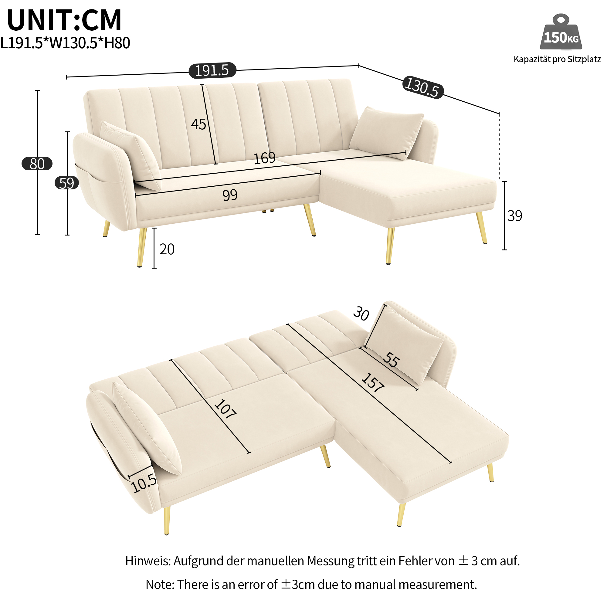 Canapé d'angle L convertible beige velours