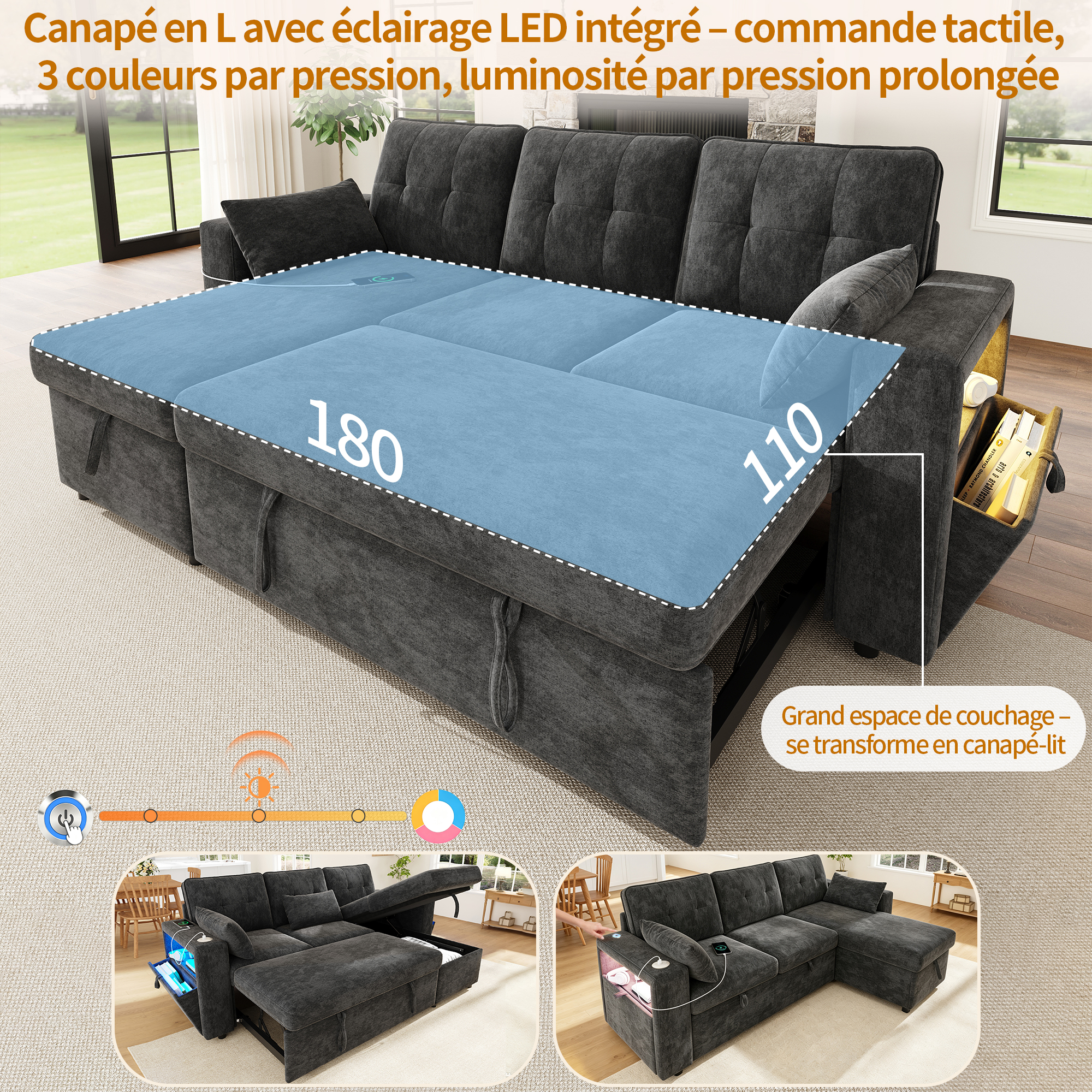 Vue complémentaire du canapé d’angle convertible