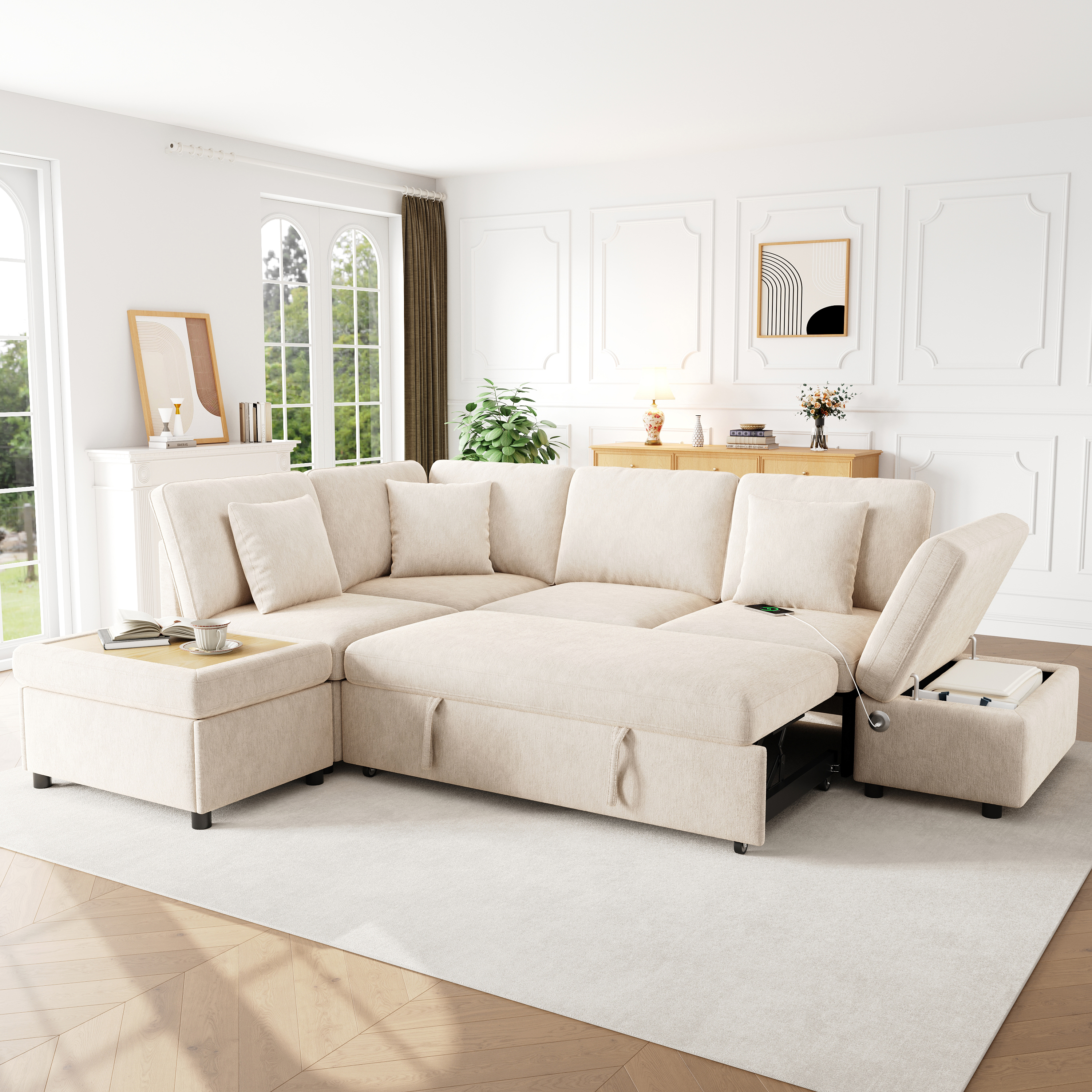 Canapé d’angle convertible en L 4 places 247,5 x 172 x 87 cm, avec rangement, pouf, table d’appoint et ports USB/USB-C, Chenille, beige - présentation 1