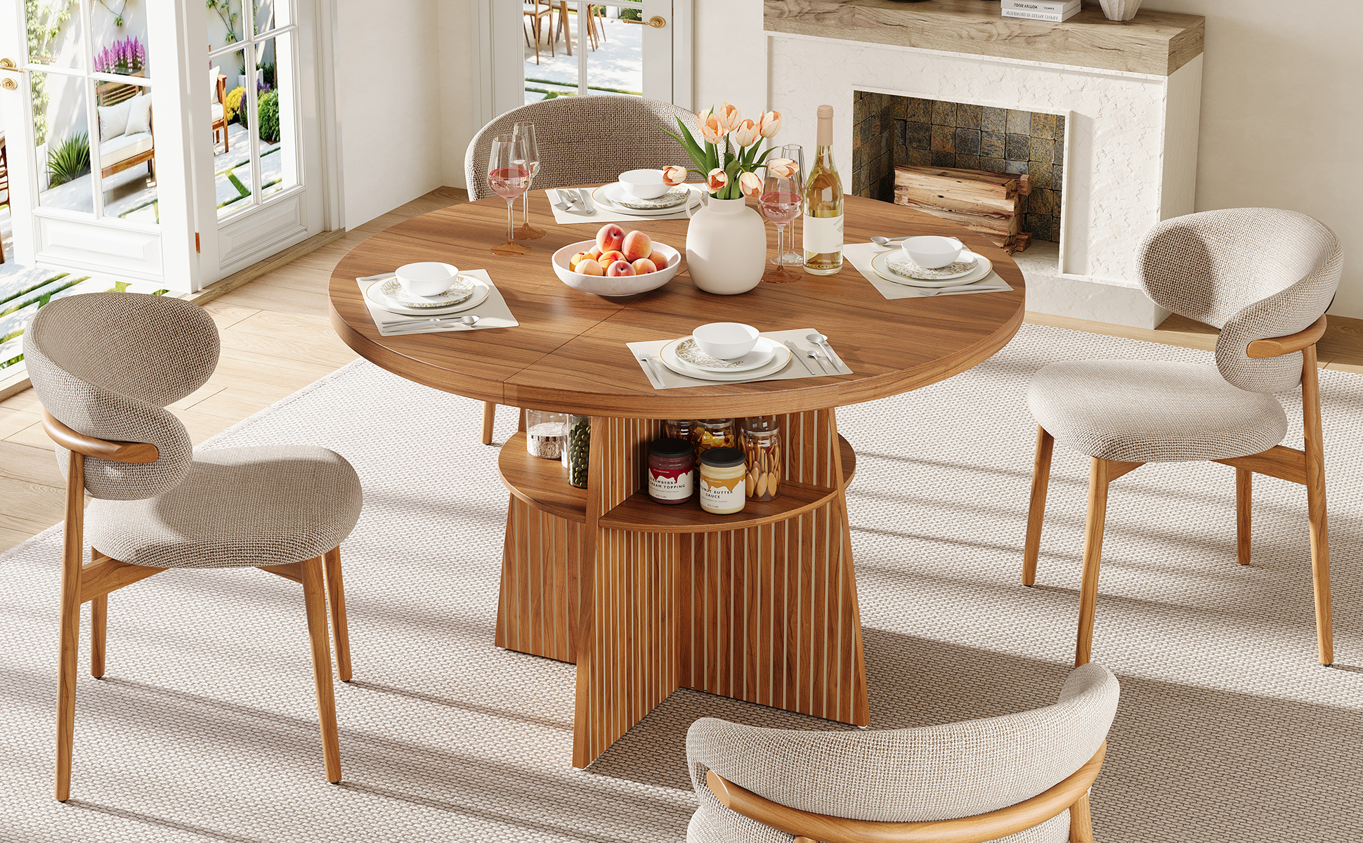 Table à manger ronde extensible effet noyer