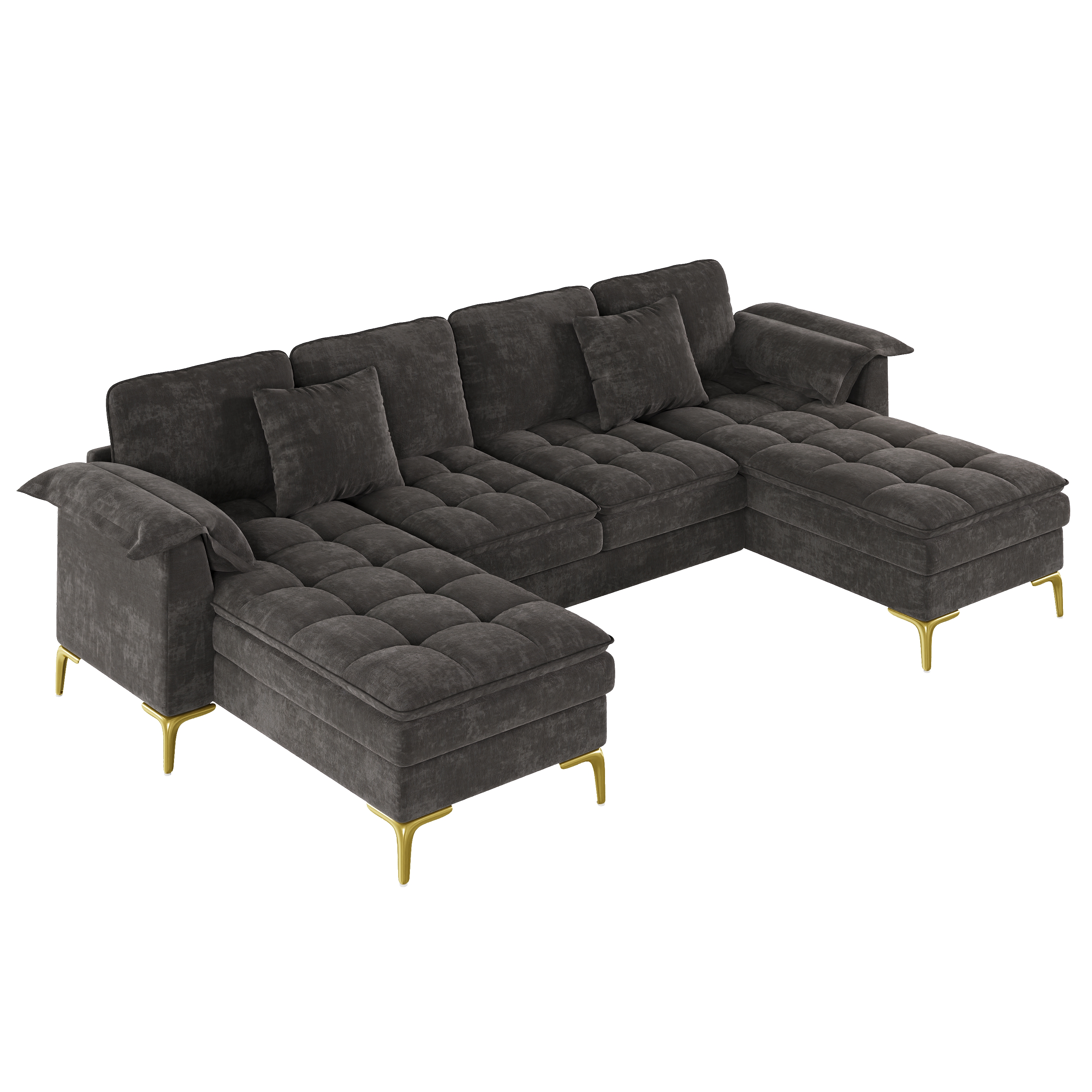 Canapé d’angle en U 4 places en chenille avec 2 méridiennes, 2 coussins et pieds métal doré, Gris, 262 x 134 x 86 cm - présentation 1