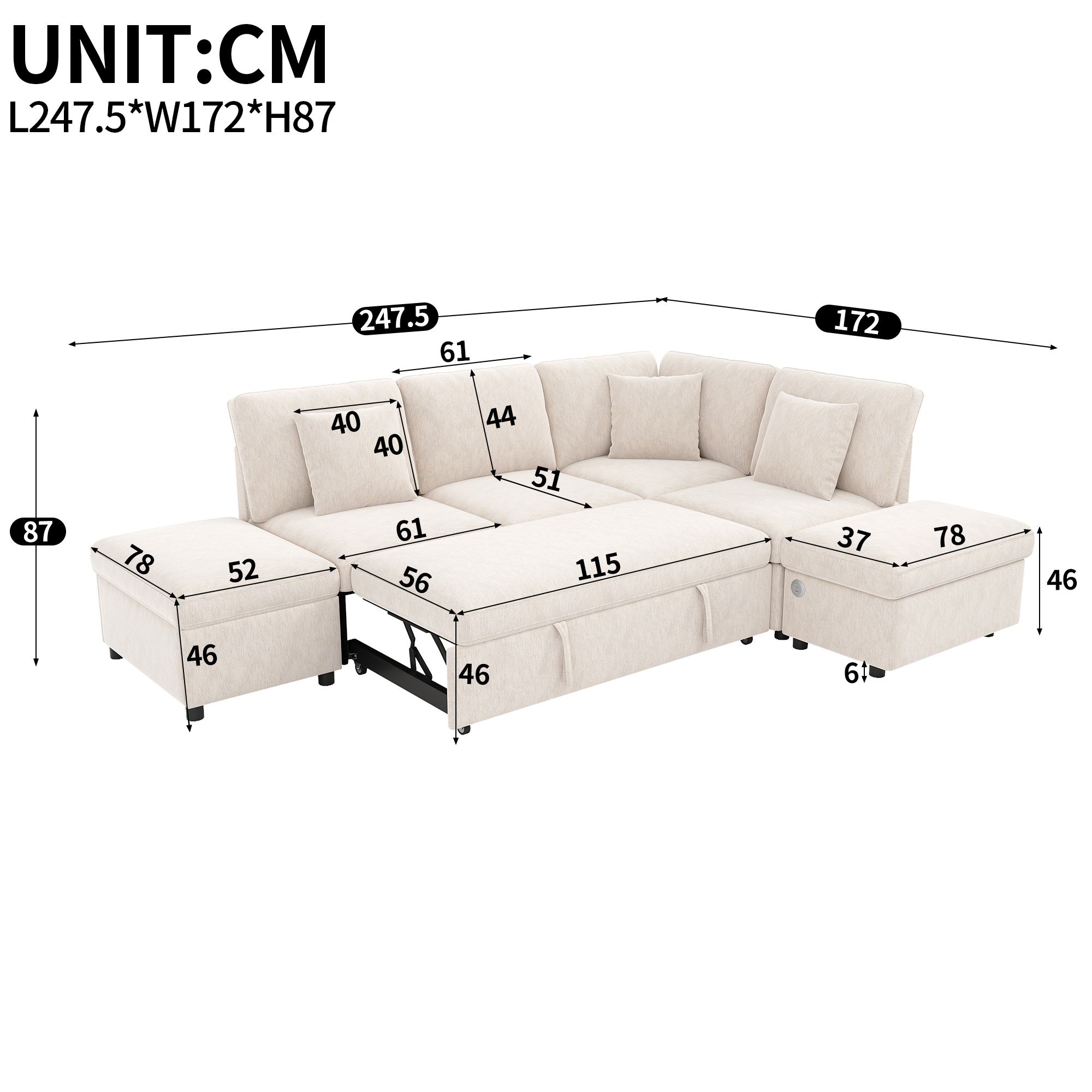 Canapé d’angle convertible en L 4 places 247,5 x 172 x 87 cm, avec rangement, pouf, table d’appoint et ports USB/USB-C, Chenille, beige - spécifications 1