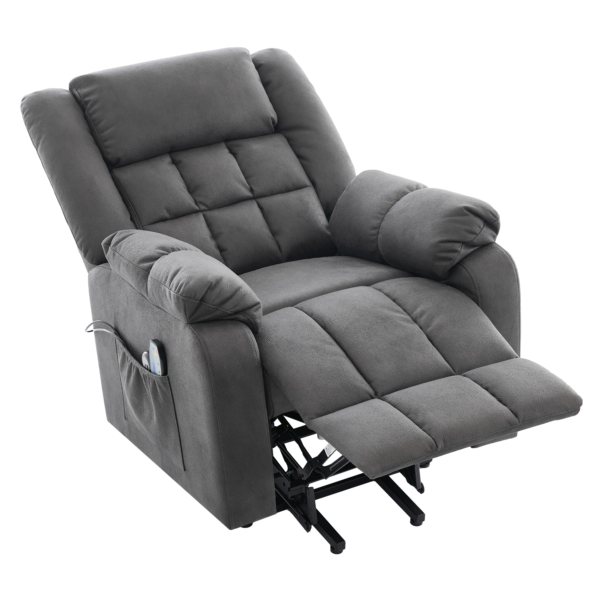 Fauteuil releveur électrique 1 place 87 x 96 x 103 cm, avec massage, chauffage, repose-pieds, porte-gobelet, port USB et poches latérales, tissu, gris foncé - vue complémentaire 1