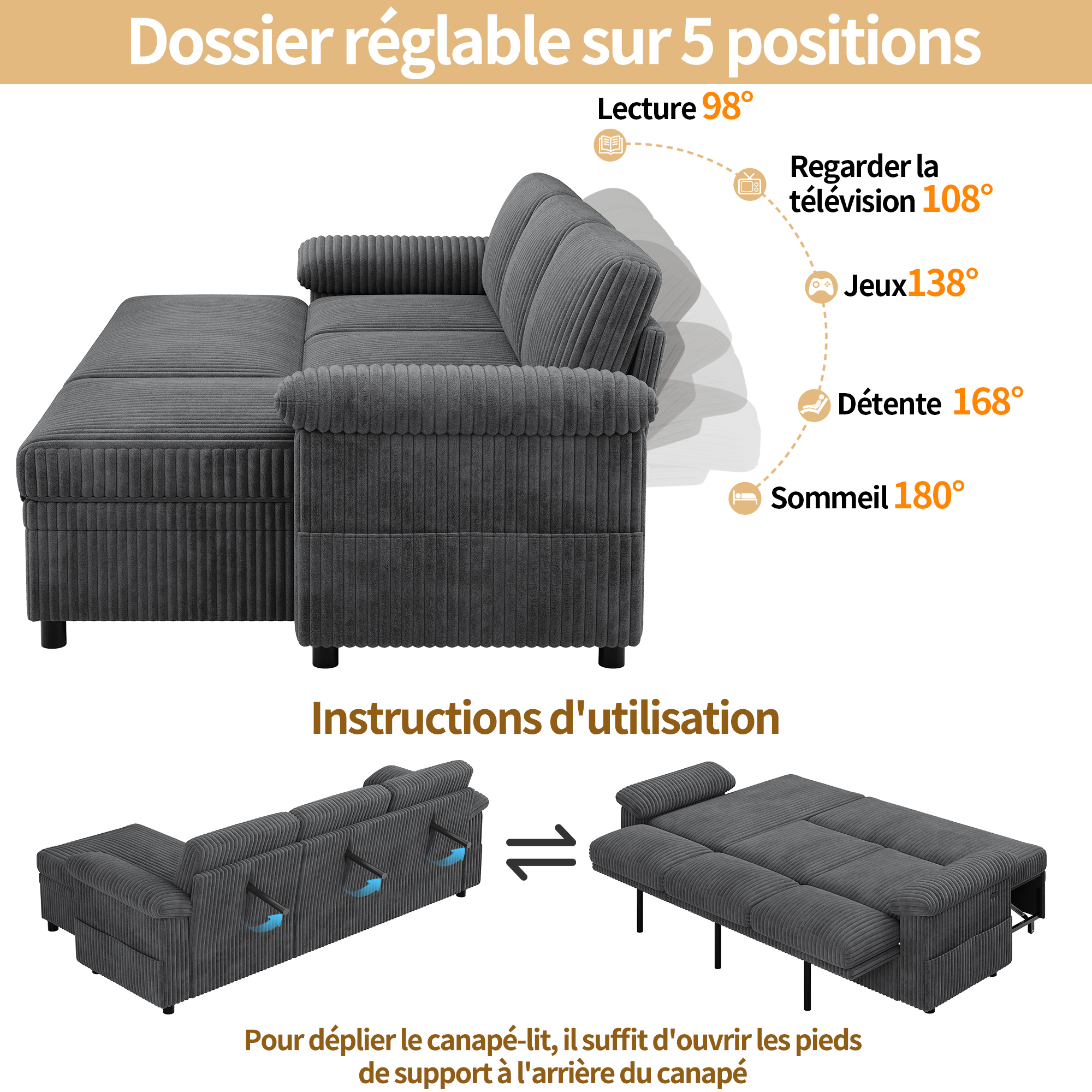 Canapé d’angle en L 3 places 212 x 150 x 89 cm, convertible, avec coffre de rangement, modulable, avec USB/Type-C, en velours côtelé, Gris - vue complémentaire