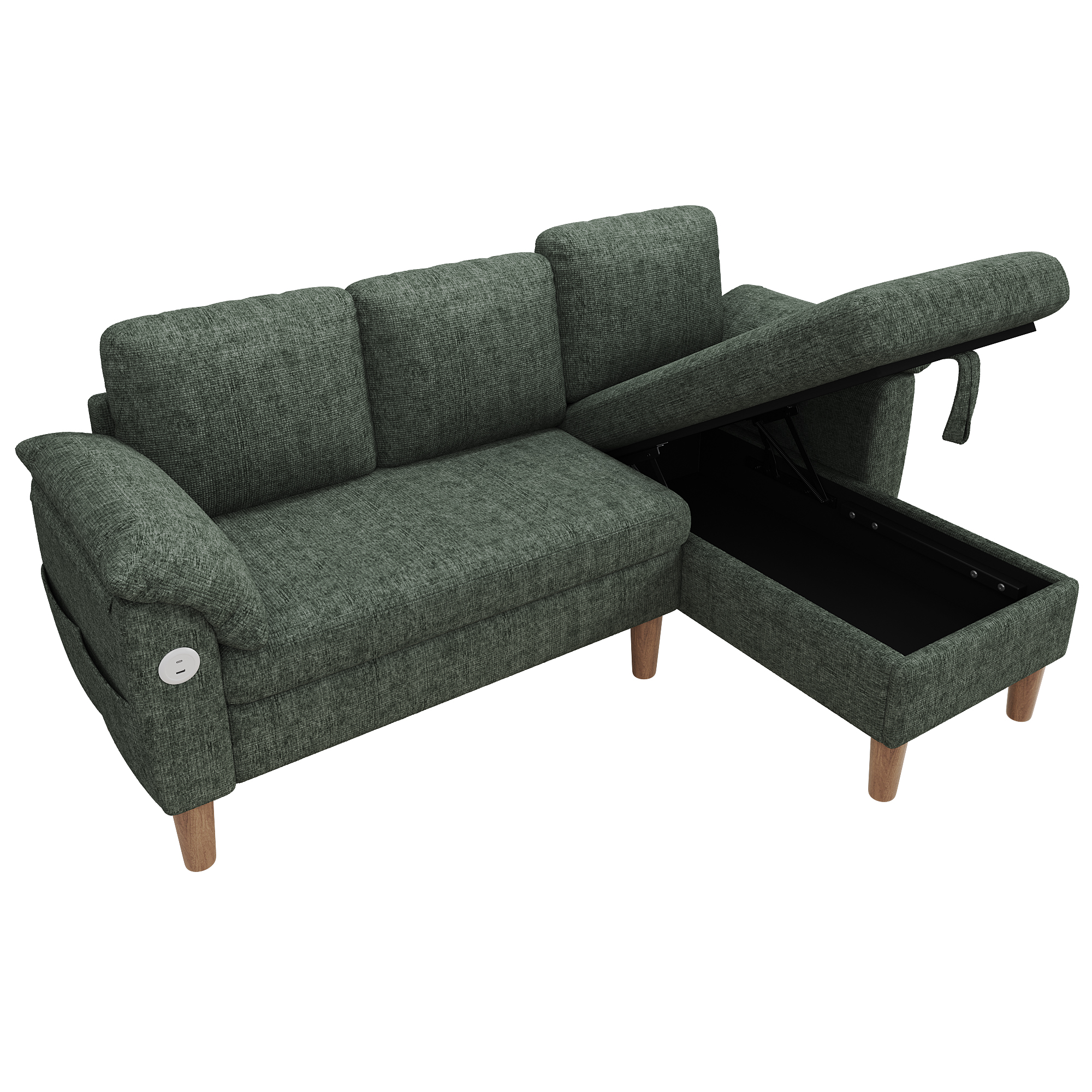 Canapé d’angle en L 3 places 181 x 125 x 88 cm, avec coffre de rangement, modulable, avec USB/Type-C, en chenille, Vert - détails
