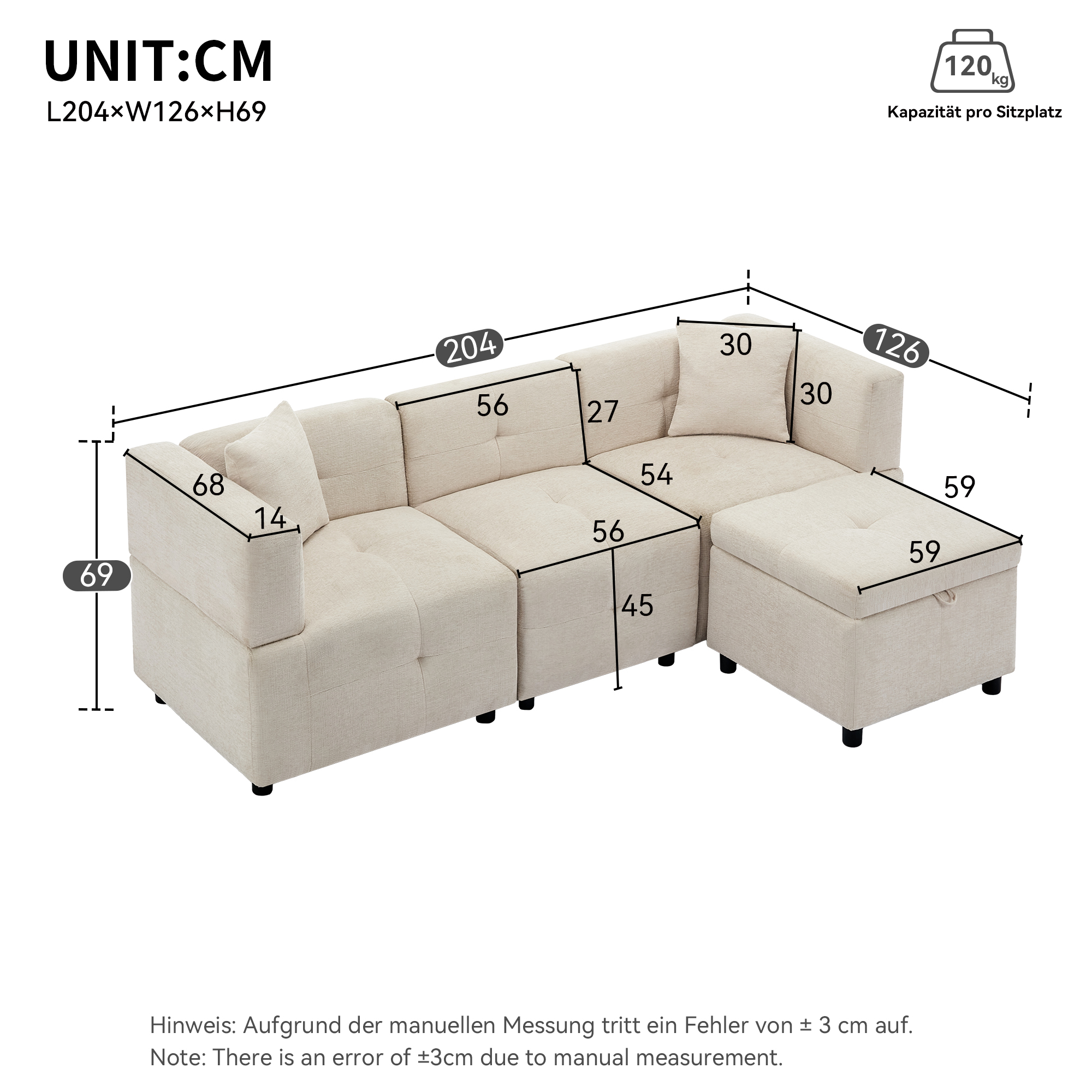 Dimensions canapé d’angle 3 places beige