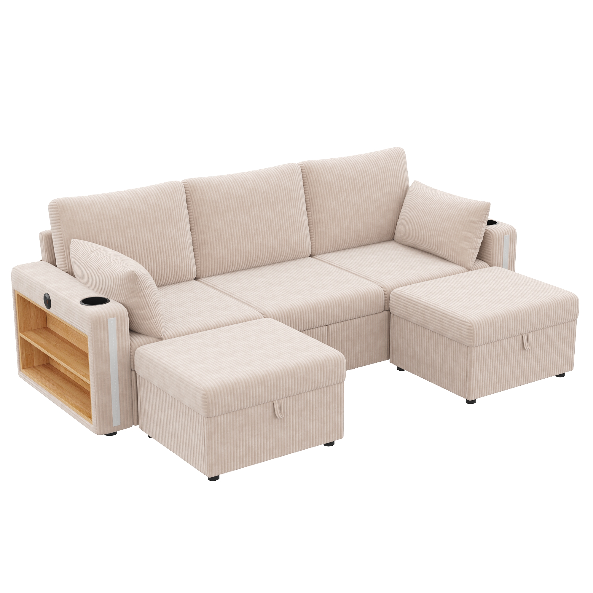 Canapé d’angle modulable 5 places 190 x 130 x 85 cm canapé en L avec méridienne, avec pouf, avec rangement, velours côtelé, Beige - points forts 1
