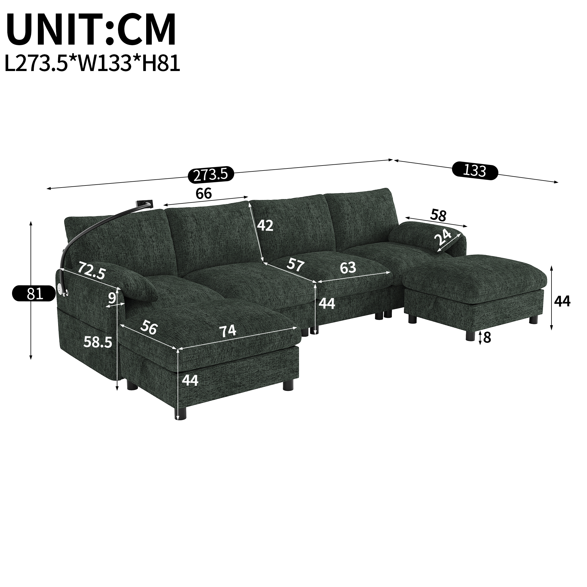 Canapé modulable 6 à 7 places en chenille vert pour salon séjour - points forts 1