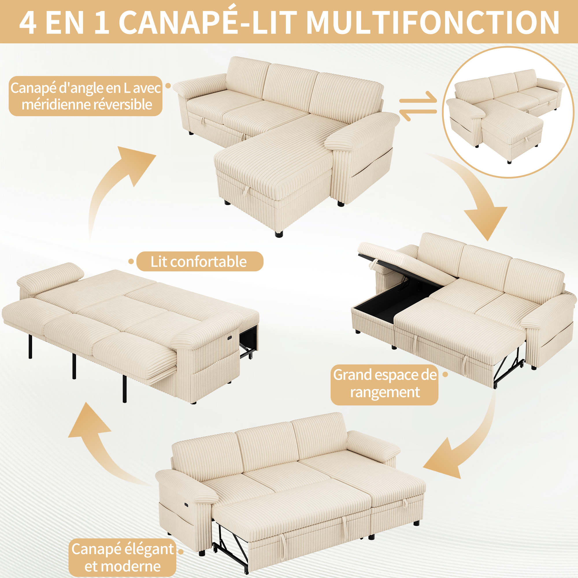 Canapé d’angle en L 3 places 212 x 150 x 89 cm, convertible, avec coffre de rangement, modulable, avec USB/Type-C, en velours côtelé, Beige - vue complémentaire