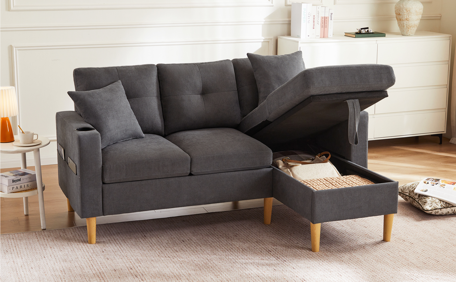 Canapé chaise longue L coton-lin 3 personnes rangement caché confortable
