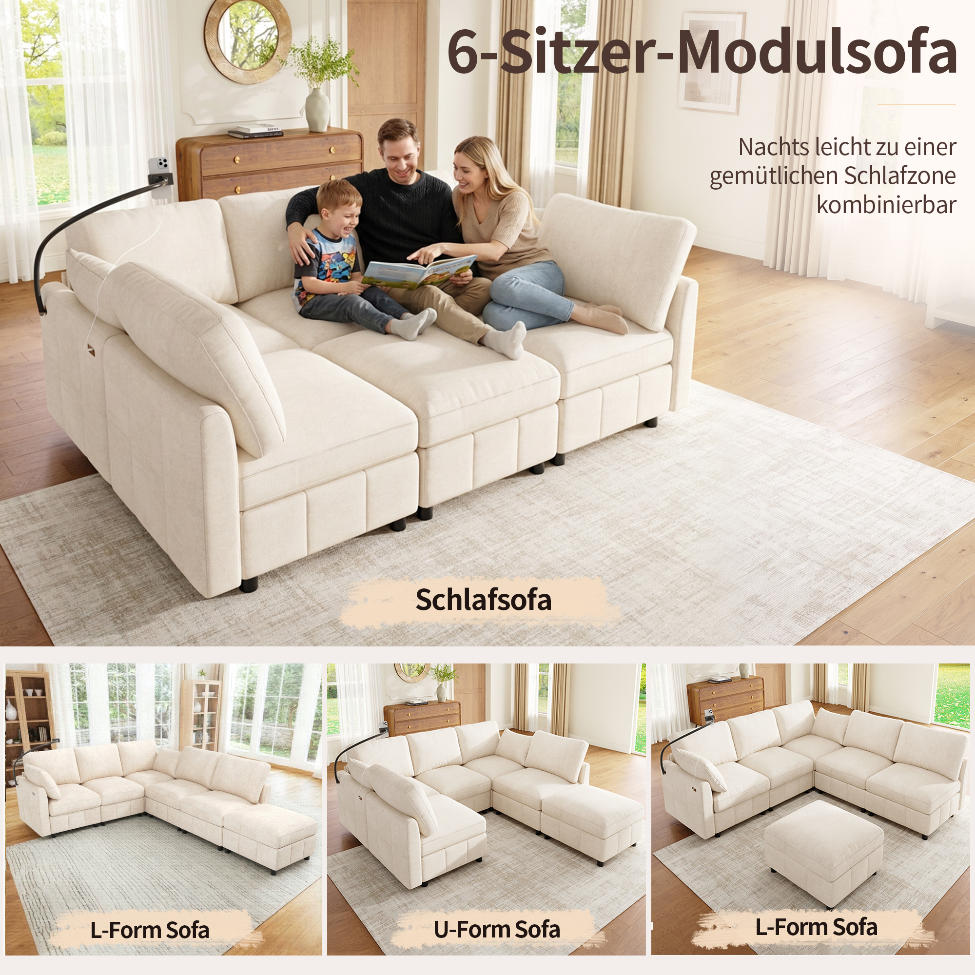 Vue de la configuration du canapé modulable beige