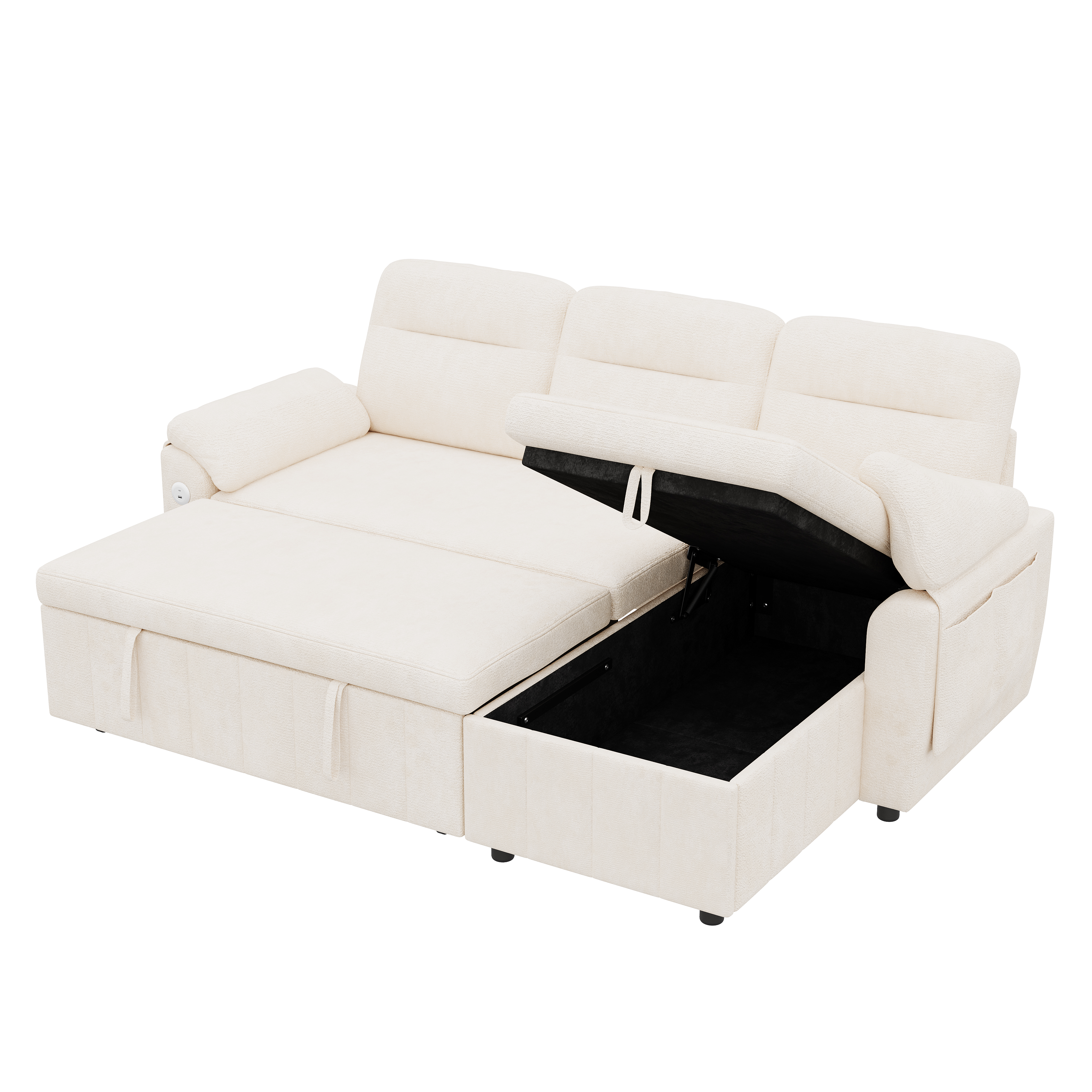Canapé d’angle convertible en L 3 places en chenille avec méridienne réversible, rangement, USB/Type-C, Beige, 208 x 131 x 88 cm - présentation 1