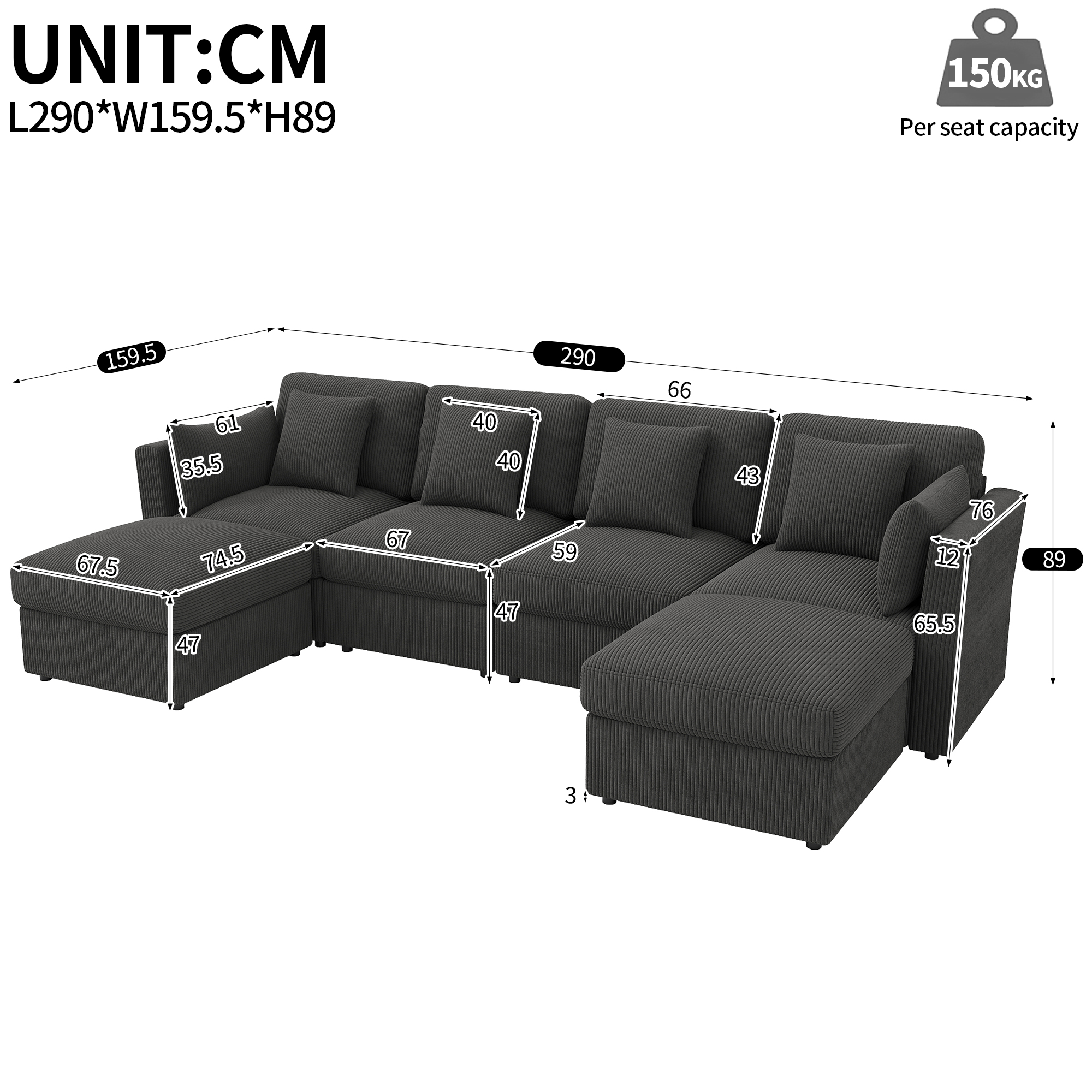 Dimensions canapé U 290x159.5x89 cm