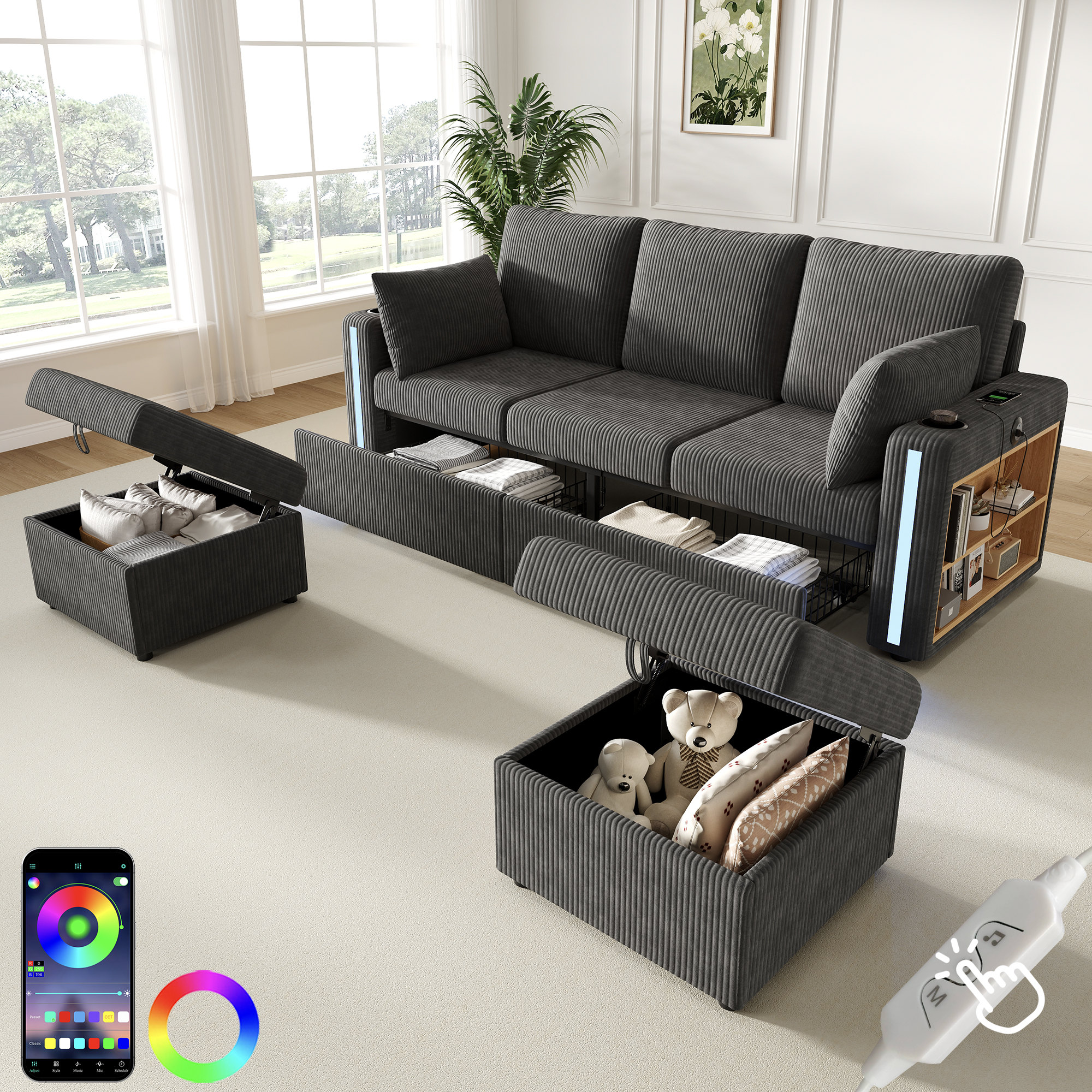 Modulares U/L-Form Sofa, mit 2 Hockern mit Staurau