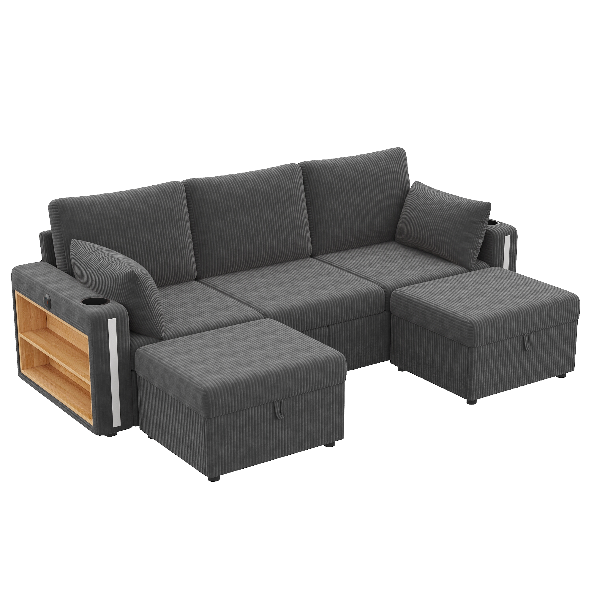 Canapé d’angle modulable 5 places 190 x 130 x 85 cm canapé en L avec méridienne, avec pouf, avec rangement, velours côtelé, Gris - points forts 1