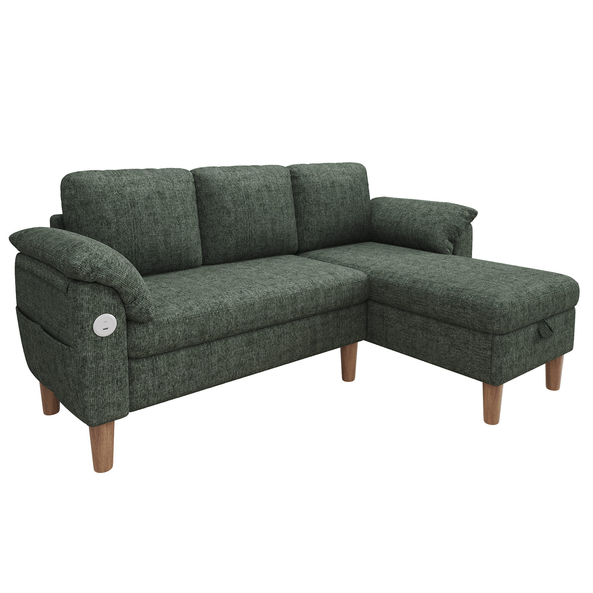 Canapé d’angle en L 3 places 181 x 125 x 88 cm, avec coffre de rangement, modulable, avec USB/Type-C, en chenille, Vert - dimensions et spécifications