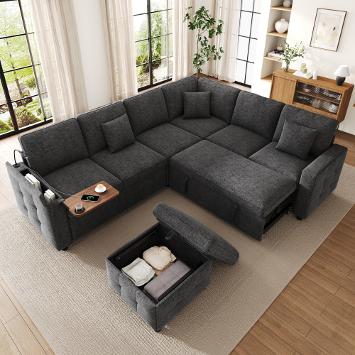 Canapé d’angle convertible en tissu chenille avec couchage d’appoint