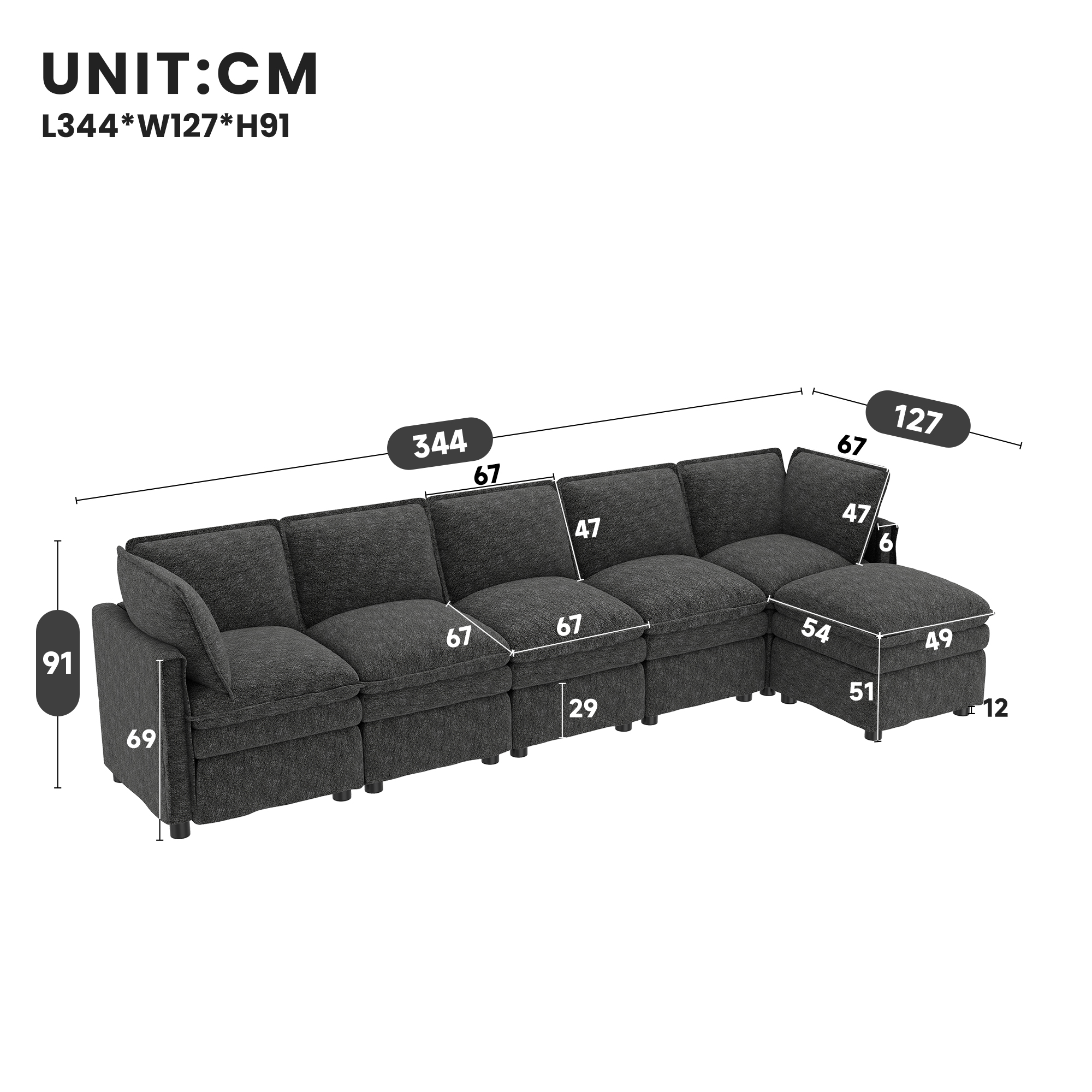 Canapé d’angle modulable 6 places 344 x 127 x 91 cm canapé en L avec méridienne, avec pouf, chenille, Gris - vue complémentaire 1