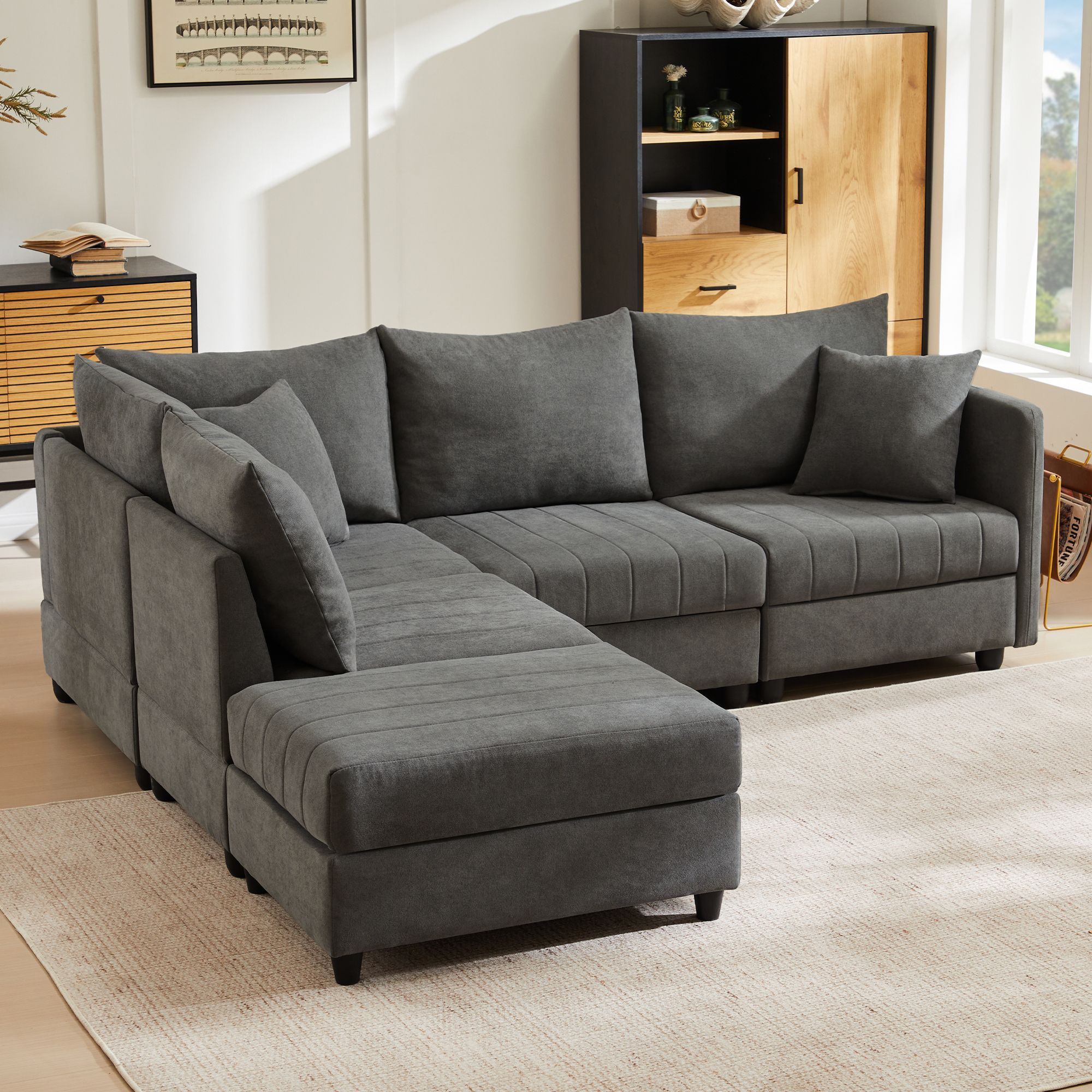 Canapé d’angle modulable 5 places gris coton lin