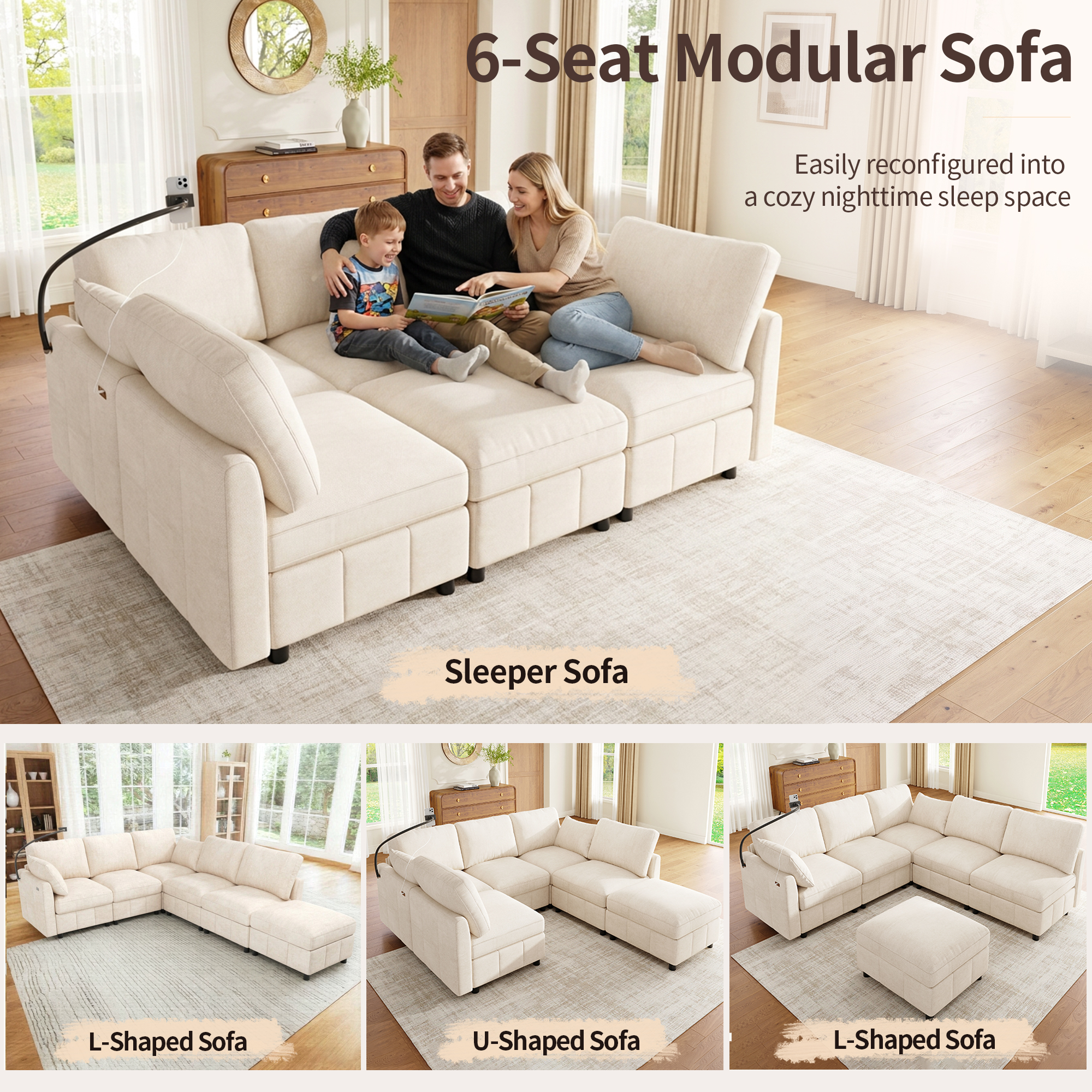 Vue du canapé beige et de sa fonction couchage