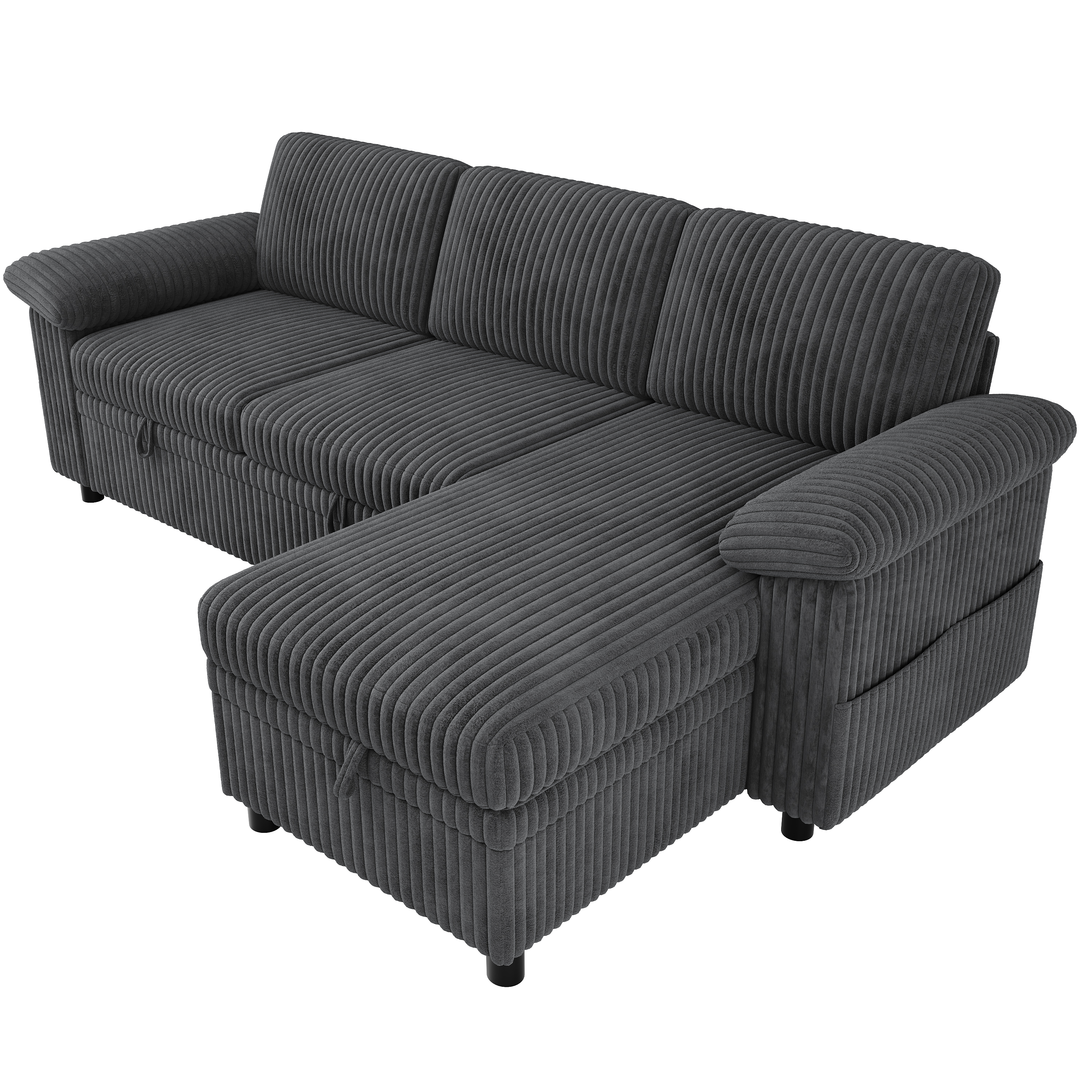 Canapé d’angle en L 3 places 212 x 150 x 89 cm, convertible, avec coffre de rangement, modulable, avec USB/Type-C, en velours côtelé, Gris - détails
