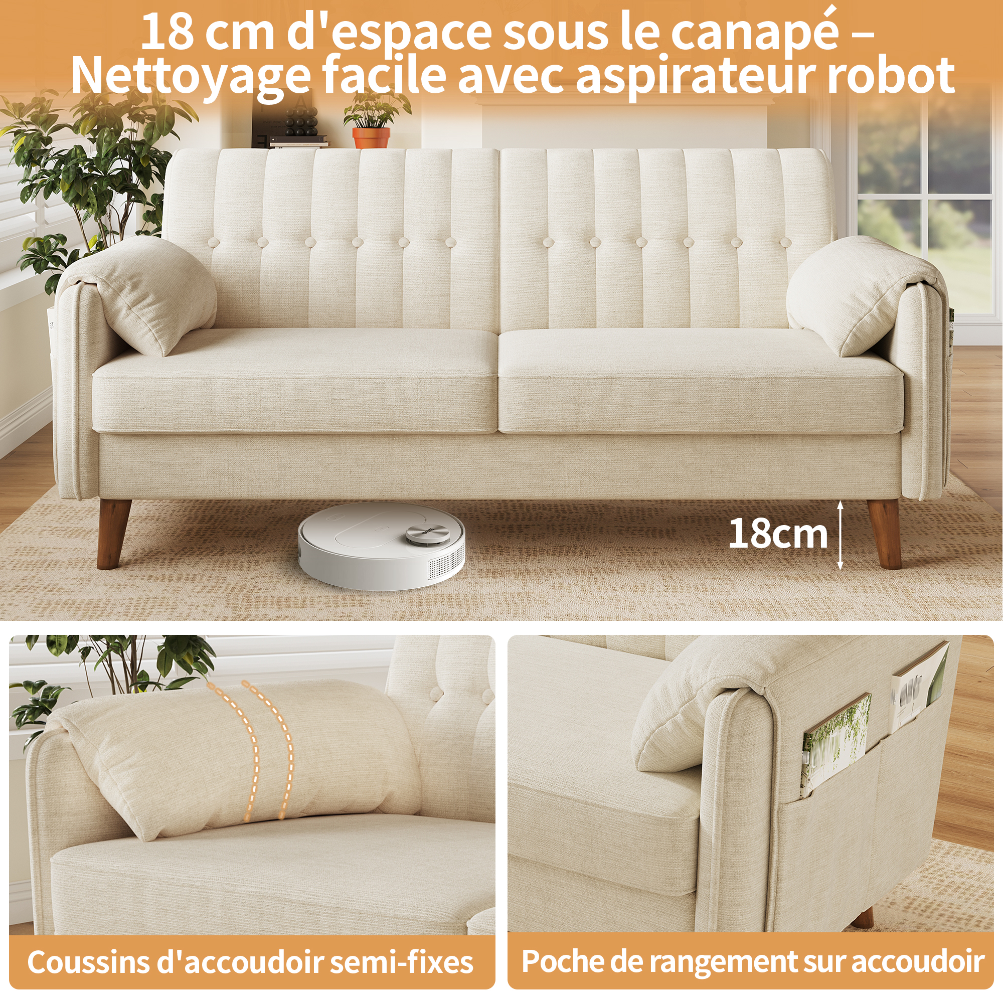 Canapé 2 places 161,5 x 79 x 83,5 cm, avec coffre de rangement, modulable, en chenille, Beige - dimensions et spécifications