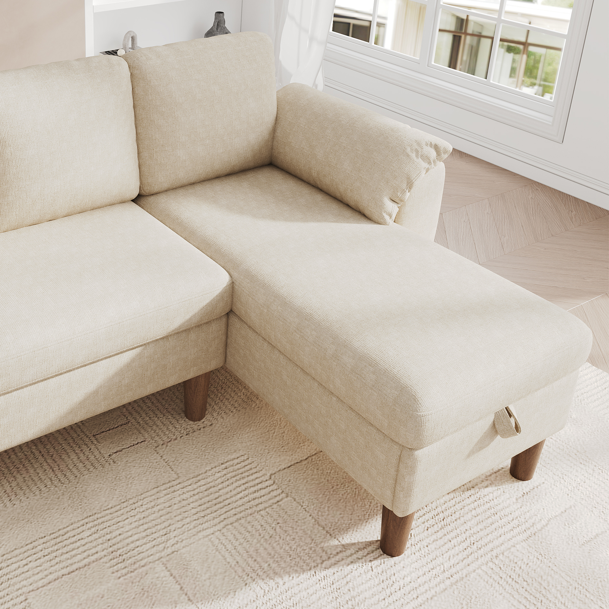 Canapé d’angle en L 3 places 181 x 125 x 88 cm, avec coffre de rangement, modulable, avec USB/Type-C, en chenille, Beige - dimensions et spécifications