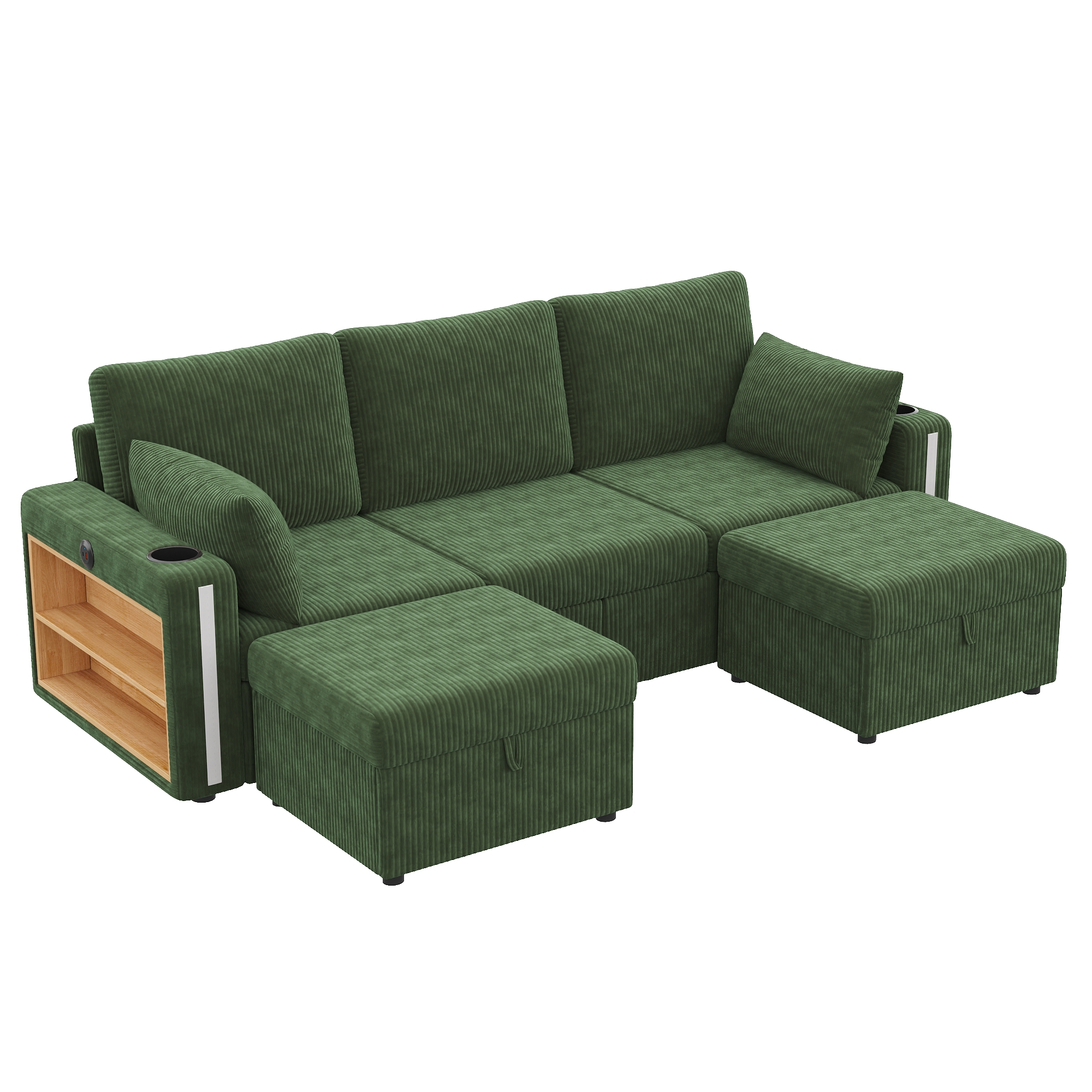 Canapé d’angle modulable 5 places 190 x 130 x 85 cm canapé en L avec méridienne, avec pouf, avec rangement, velours côtelé, Vert - points forts 1