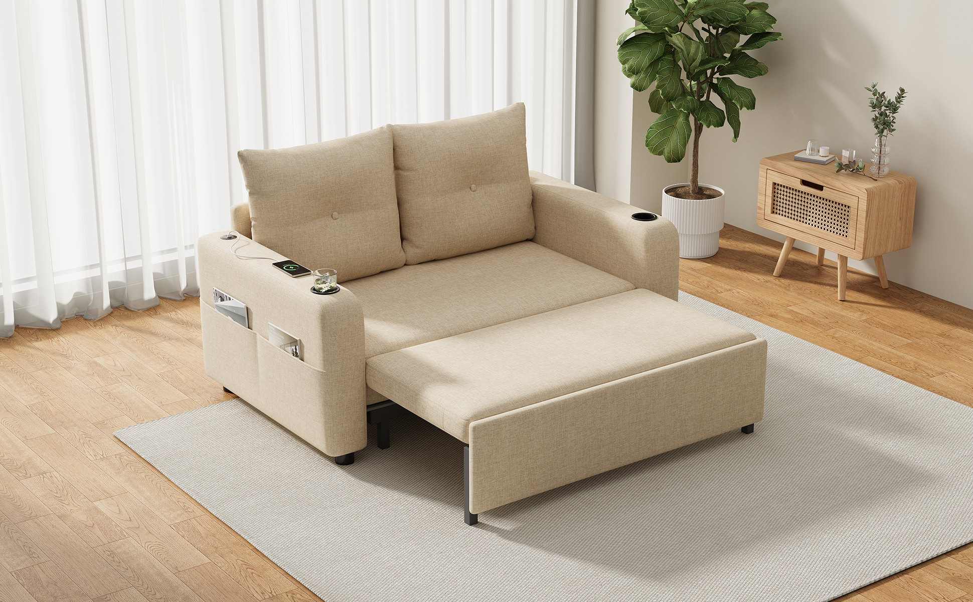 Détails du canapé convertible avec porte-gobelets et rangement